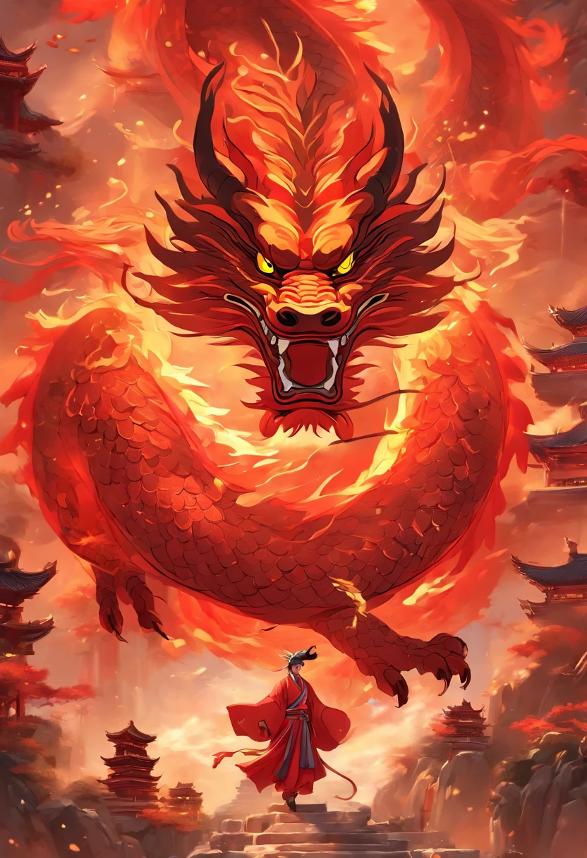 chinesedragon,Traditional Chinese culture,levitating,meander,Red tone,tmasterpiece,4K