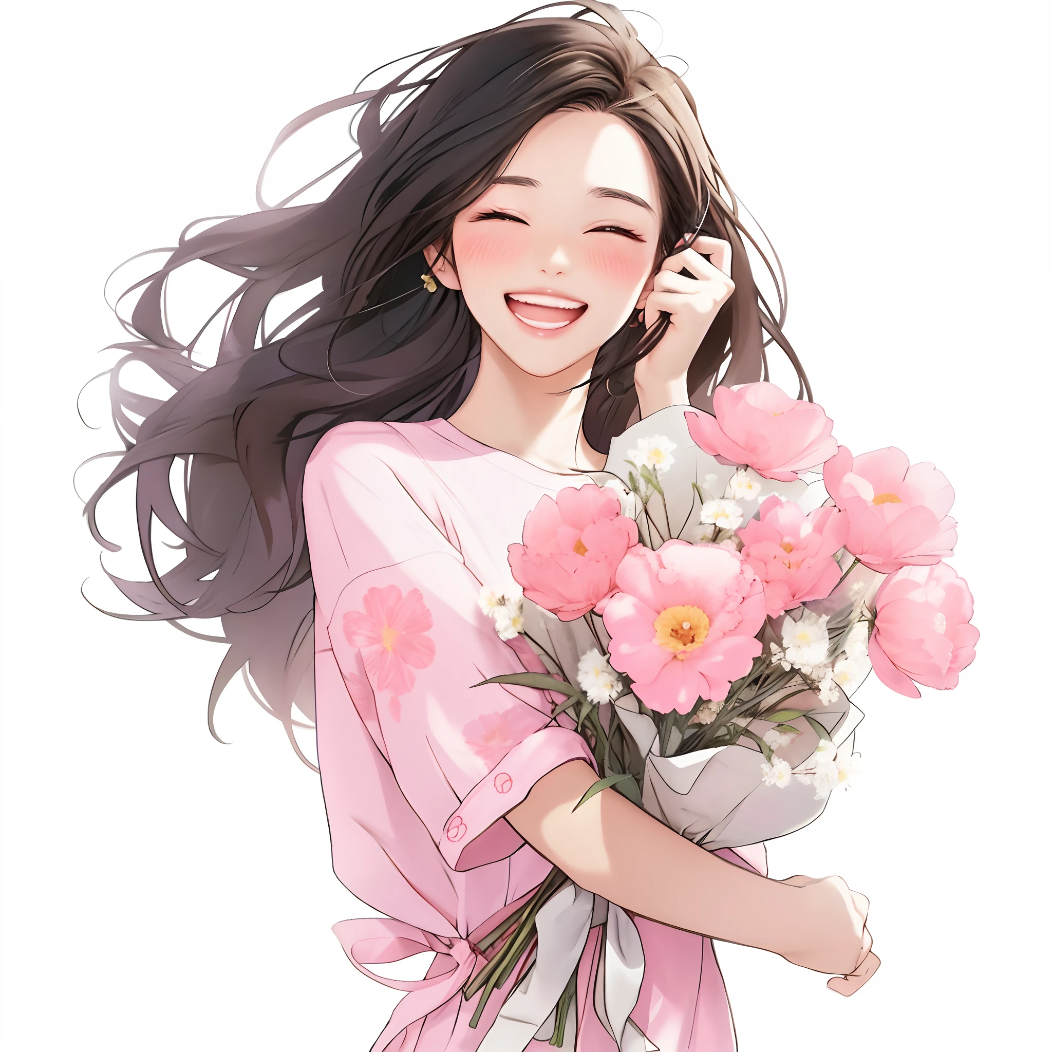 Anime girl with flowers in her hands,With a smile on his face, with flowers, Guviz, she expressing joy, beautiful and smiling, laughing sweetly, Lovely smile, with a beautifull smile, Middle metaverse, by Yang J, Happy and cheerful look, and she smiling,Very happy, Guviz-style artwork