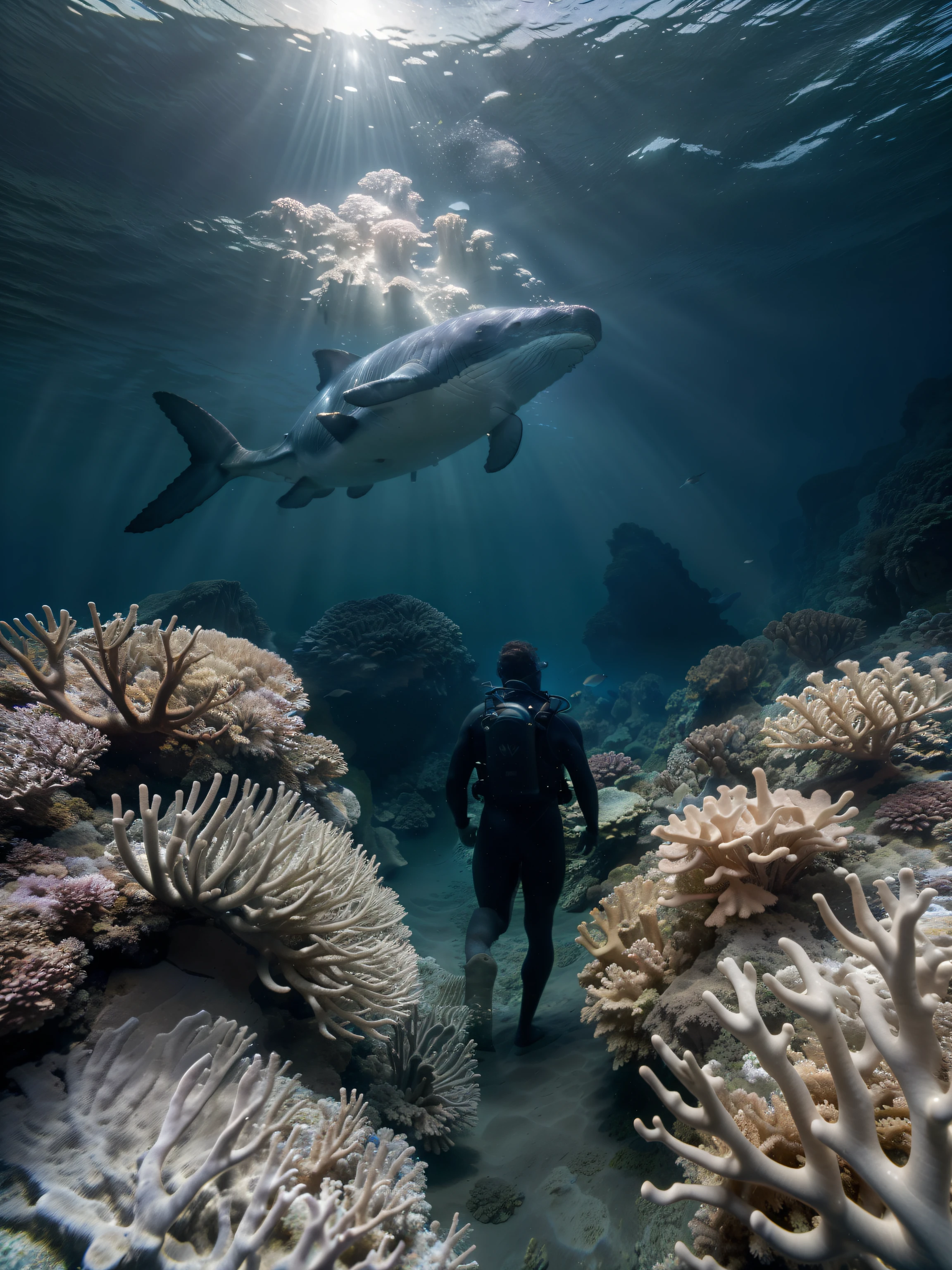 A male diver explores unknown scenes and creatures in the ocean, underwater landscape, Marine life. (Best quality,4K,8K,A high resolution,Masterpiece:1.2), Ultra-detailed, (Realistic,Photorealistic,photo-realistic:1.37), Underwater scene, vibrant, The corals, Majestic whales, Mysterious deep-sea creatures, Colorful tropical fish, crystal clear water, shining sun, Dramaticlight, tranquil ambiance.