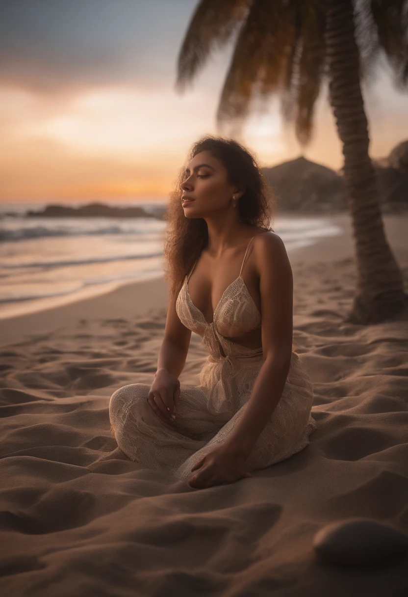 Mujer arafed bebiendo una bebida de coco en la playa al atardecer, 8k sensual lighting, 8K sunset lighting, 🌺 CGSociety, Estilo Fantasy 8 K Octano Render, Hermoso render de octanaje, en la puesta de sol, en la playa al atardecer, Hermosa obra de arte digital, Incredible octane rendering, con una puesta de sol, Octano renderizado - 8 K, Renderizado fotorrealista de 8K octane