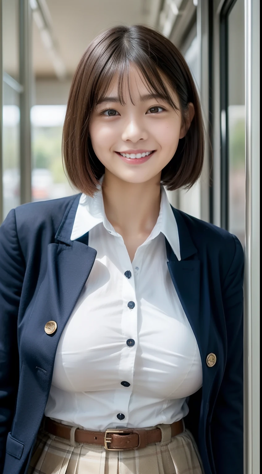 masutepiece, Best Quality, (1日本人の女の子), 15yo student, Glamorous, ((completely :1.2)), ((full body Esbian)), (Pretty round face),(tanned brown skin), (Huge breasts:1.7), (Black hair), (short-cut, Bangs), (Smile), ((Very big:1.2)), School uniform, Blazer, Cardigan, Jacket, Long sleeves, Pleated skirt, (White shirt), (Impossible Shirt:1.3), ((buttonGap:1.2)),Commuter train, ((NSFW:0.8)),