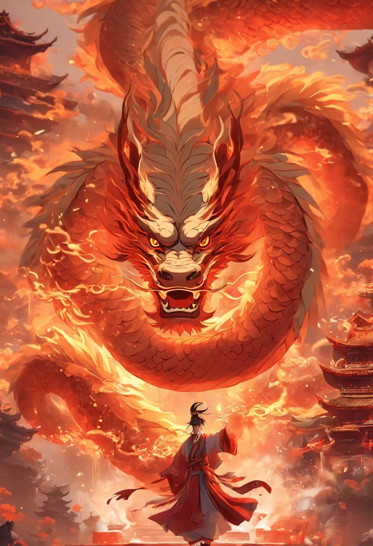 chinesedragon，Traditional Chinese culture，levitating，meander，Red tone，tmasterpiece，4K