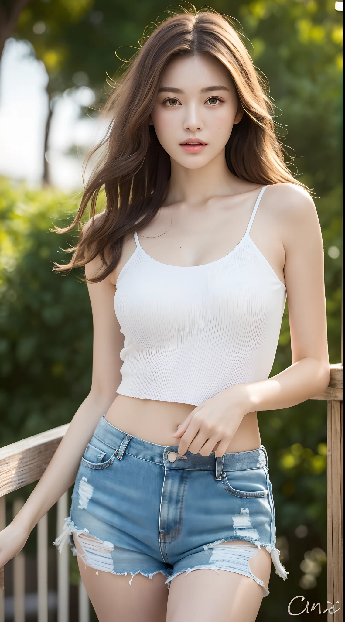 (Best quality, High resolution, Masterpiece :1.3), A pretty woman, Slender figure beauty, Dark brown hair styled in loose waves, (White pale skin), Wearing camisole and shorts, Outdoor with low light, Details exquisitely rendered in the face and skin texture, Eyes with detailed pupils, Double eyelid