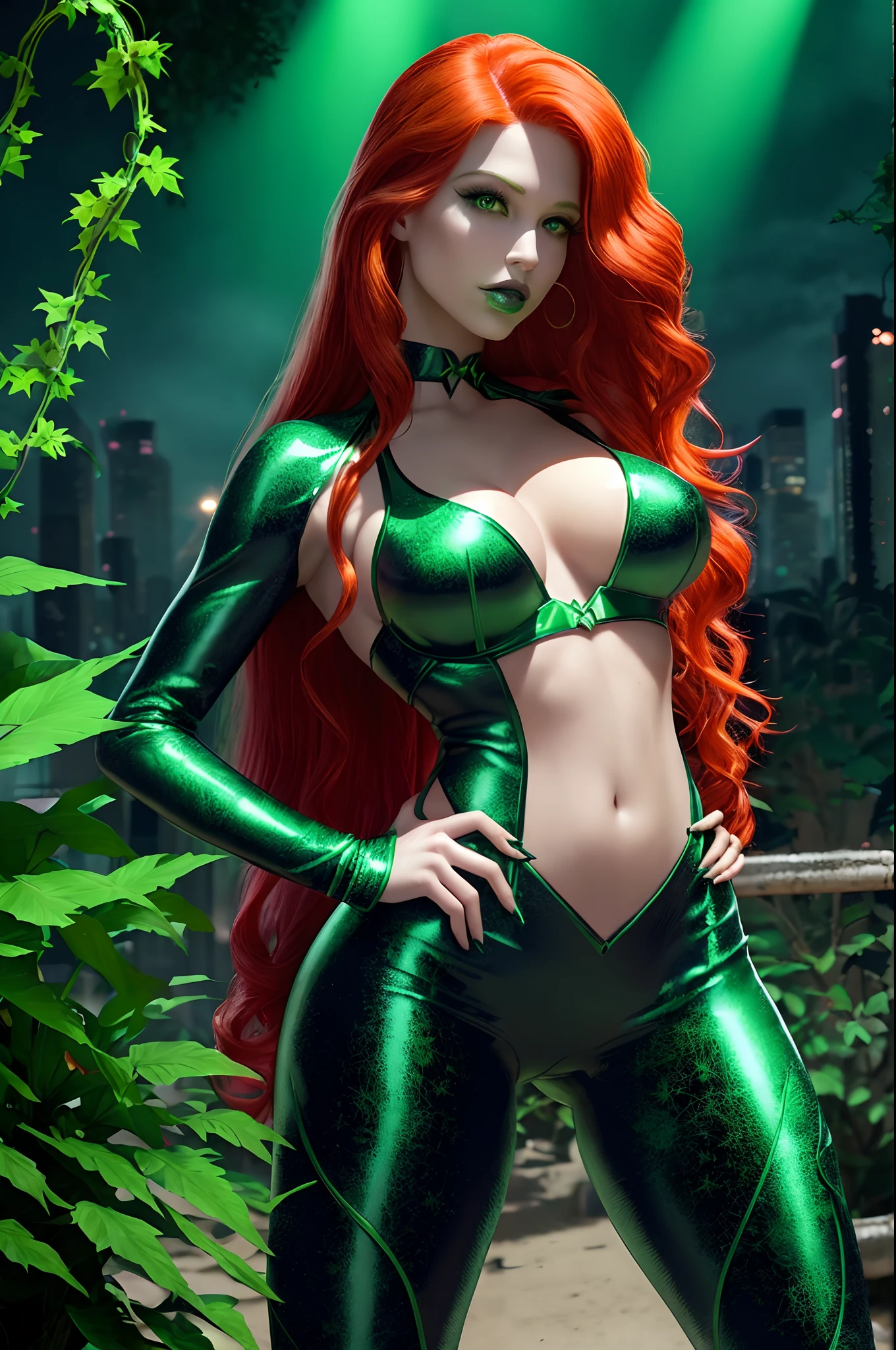 Masterpice, high quality Nikon camera, (poisonivy, Poison Ivy:1.0), poison ivy from dc comics, (side parted long red hair, green skin, green eyes, green lips), big boobs, white tank top, black leather jacket, dark green pants with plant details, black high heels,  plants, leaves, flowers, (middle -shot:1), (Cowboy-shot:1.2),neon lighting, dark romantic lighting, (highly detailed:1.2),(detailed face:1.2), (gradients), colorful, detailed eyes, (detailed landscape:1.2), (natural lighting:1.2),(detailed background),detailed landscape, (cute pose:1.2),