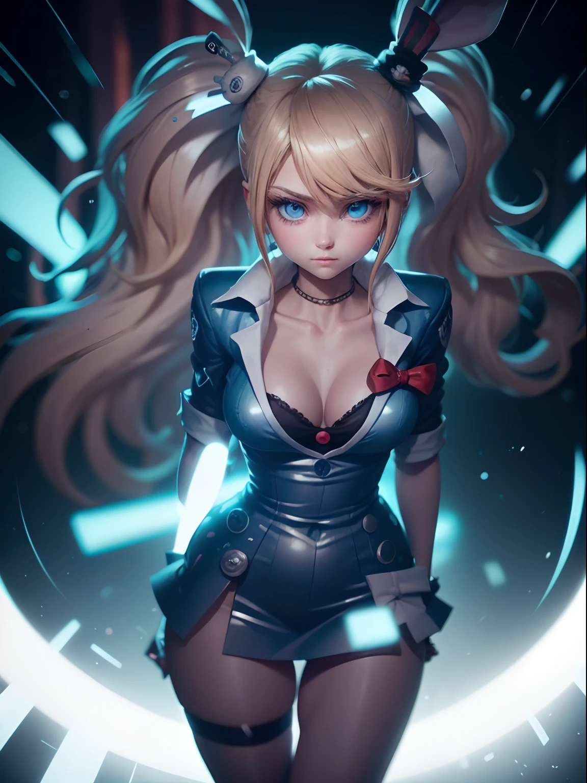 blue eyes, blonde hair, ahoge, colored inner hair, aqua eyes, glowing eyes, rabbit ears, blush, unconscious, glint, chiaroscuro, depth of field, cinematic lighting, motion blur, glowing light, Futurism, anatomically correct, high quality, best quality, super detail