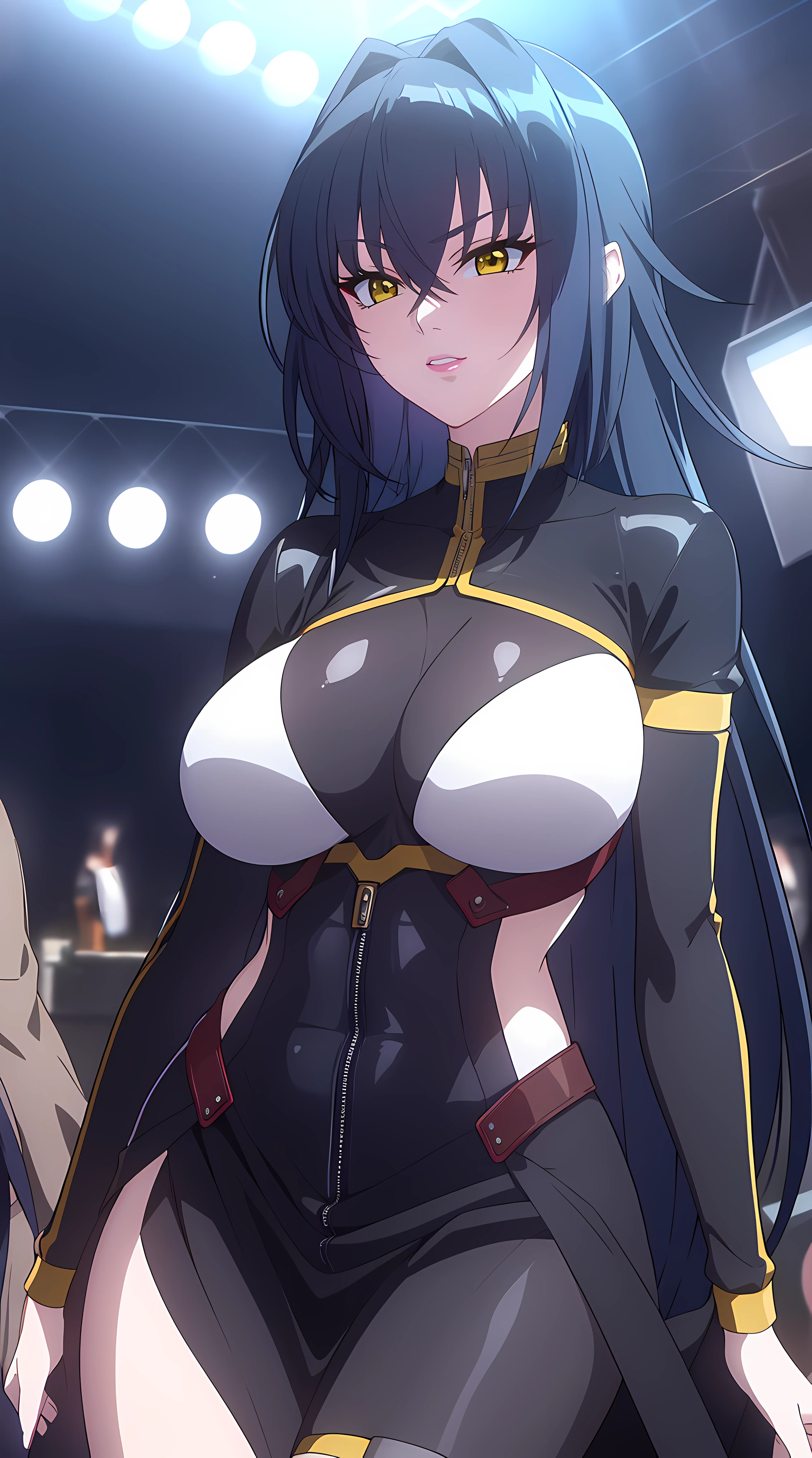 professional artwork, Intricate Details, field of view, sharp focus, detailed painting, photorealistic lighting, trending on pixiv, (masterpiece:1.0),(best_quality:1.0), ultra high res,4K,ultra-detailed, photography, 8K, HDR, highres, absurdres:1.2, Kodak portra 400, film grain, blurry background, bokeh:1.2, lens flare, (vibrant_color:1.2),
(Annerose:1), 1girl, female mature, black hair, long hair, yellow eyes, large breasts, bodysuit, higheels, shiny clothes, skin tight, hair intakes, covered breasts,
simple plain white background, (solo:1.5),