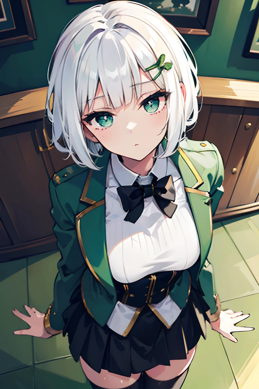 Best quality, 1girl, short hair, white hair, green eyes, green blazer, black skirt, detailed background, looking at viewer, hair ornaments, close up, indoors