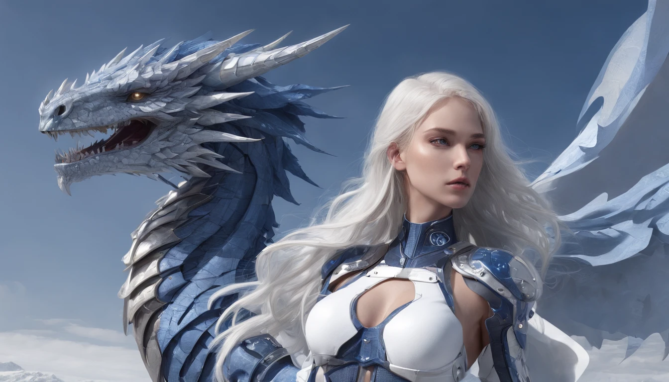 Luna Freya Knox Frey，Highest image quality，Outstanding details，超高分辨率，（Fidelity：1.4）, Favor the details，closeup cleavage，cropped shoulders，High-tech dragon knight mech，He has a delicate and beautiful face，（（Blue-white flying semi-mechanical fuselage：1.8）），Raised sexy，frontage，Cidade futuristica，Snow，themoon，mechanically aesthetic，Virtual Engine 5，Perfect detail rendering，rendering by octane，hyper HD