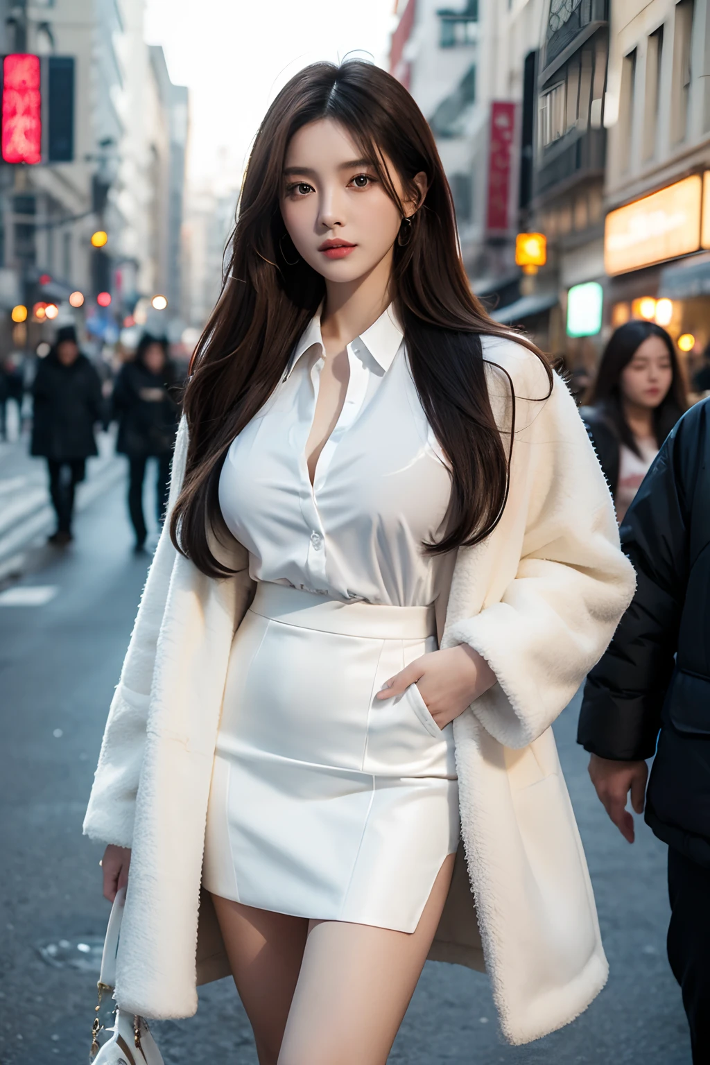 highest quality,超高分辨率,(Photographic realism:1.4),<Beautuful Women:brunette color hair,long whitr hair ,Plush coat,(Oversized black jacket),White color blouse,a skirt,busty body,Behold the。outside,busy street