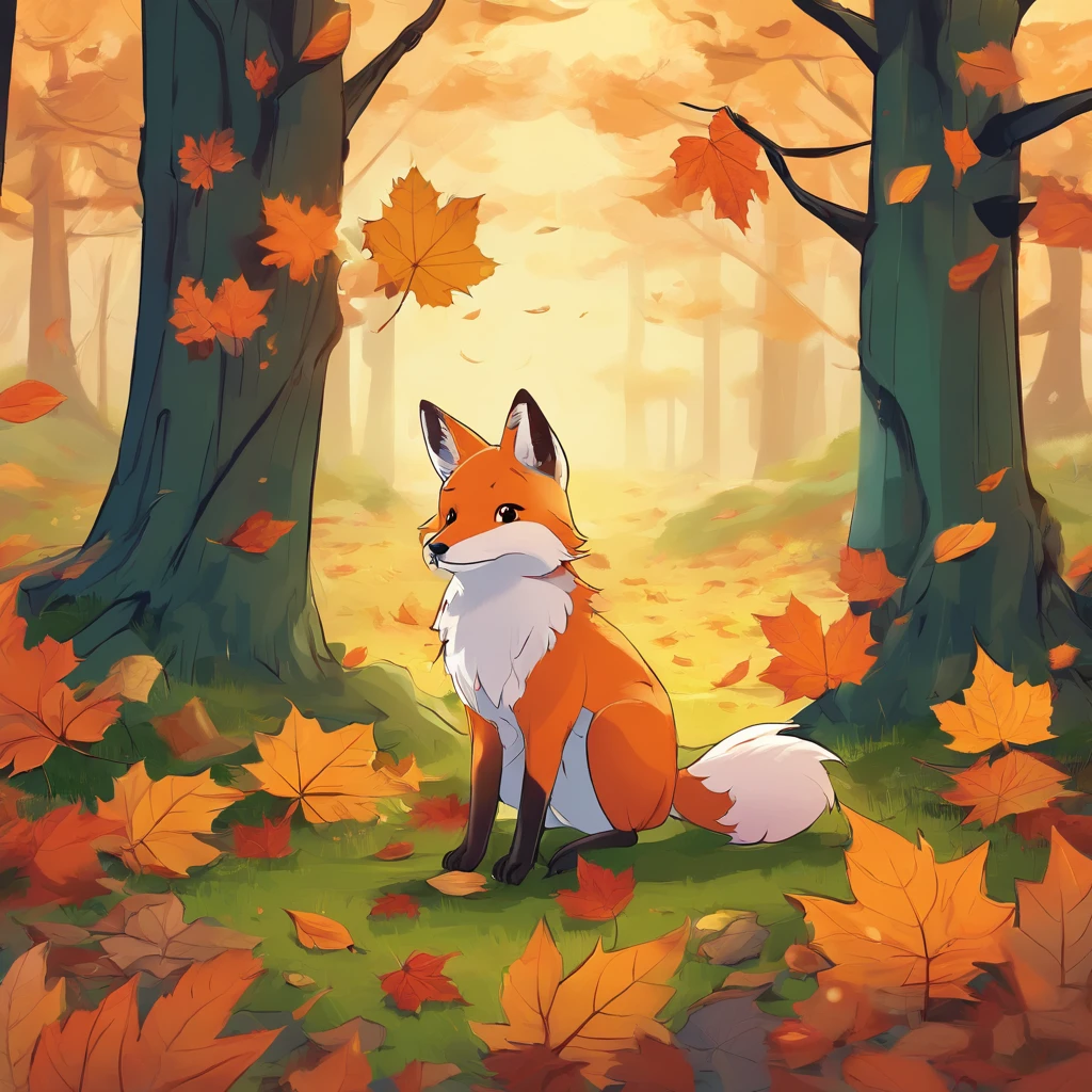 (Best Quality,4K,8K,hight resolution,masutepiece:1.2),Ultra-detailed, a lot of fallen leaves,Colorful autumn scene,Lonely Fox,cute fox,autumn forest,Fox in a cloak made of maple leaves,Hide fox,Tree roots,rainy day,serene ambiance,maple trees,Colored leaves,Beautiful colored fox,dark green and orange leaves,,Tasty-looking nuts,peaceful environment,Natural lighting,Soft raindrops,Leaves in the ground,Gentle fog,The sun flickers through the trees,Majestic tree trunk,Quiet loneliness,Magical atmosphere