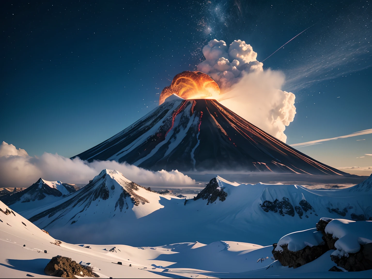 Maximalism, Cinematic lighting, hdr, 8K high definition, Winters，Active volcano erupting，Volcanic smoke，Blue sky，Snow-covered peaks，Echo each other，It's spectacular，Beautiful lighting, beautiful shadows, Snow-capped Antarctic landscape