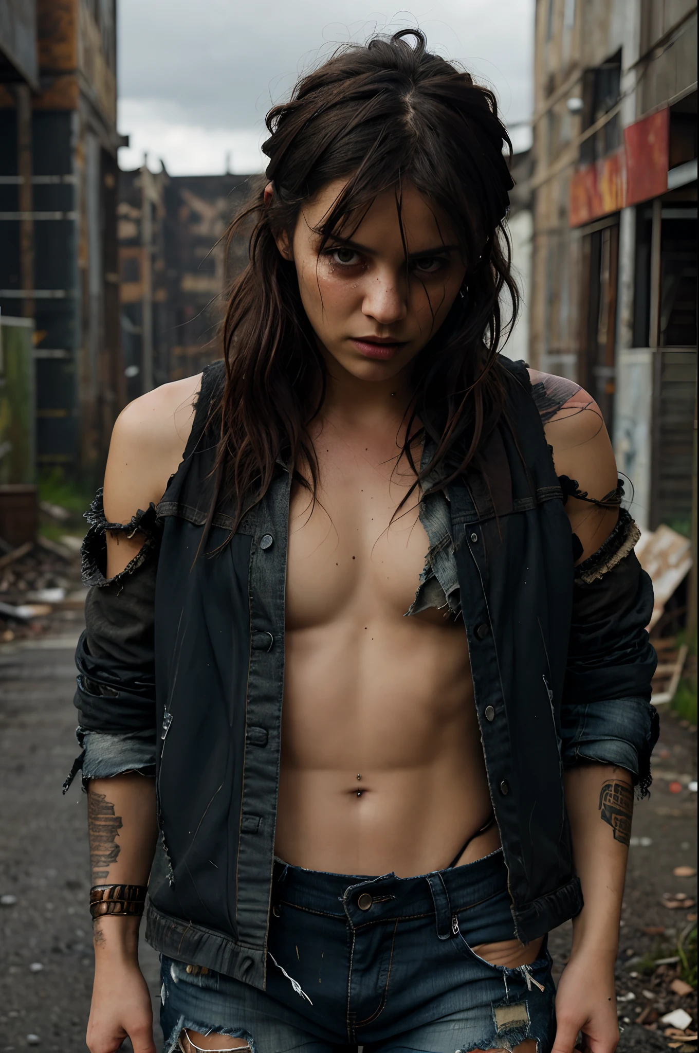 (best quality,ultra-realistic), ripped clothes, tattered fabric, torn edges, frayed threads, rugged textures, distressed materials, worn-out garments, rugged fashion, post-apocalyptic style, dramatic rips and tears, intense detailing, dynamic poses, strong visual impact, striking contrast, dark and moody color palette, dramatic lighting, haunting atmosphere, cinematic composition, high attention to detail, masterful artistry.