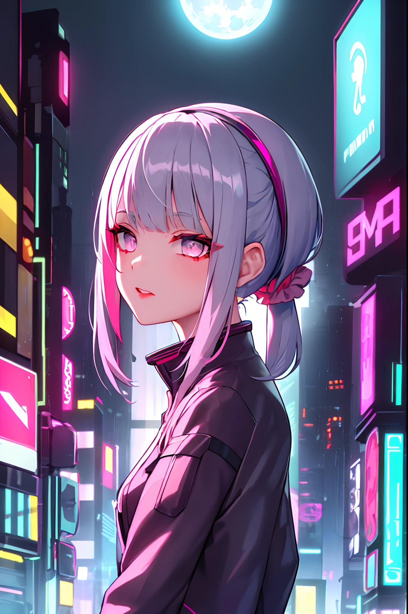 lucy \(cyberpunk\), 1girl,  hair scrunchie, hime cut, silver hair, colored tips, full moon, grey eyes, jacket, long sleeves, looking at viewer, medium hair, multicolored hair, parted bangs, parted lips, pink hair, portrait, red eyeliner, red lips, solo, white jacket, cyberpunk \(series\), rainy night in a cyberpunk city with glowing neon lights