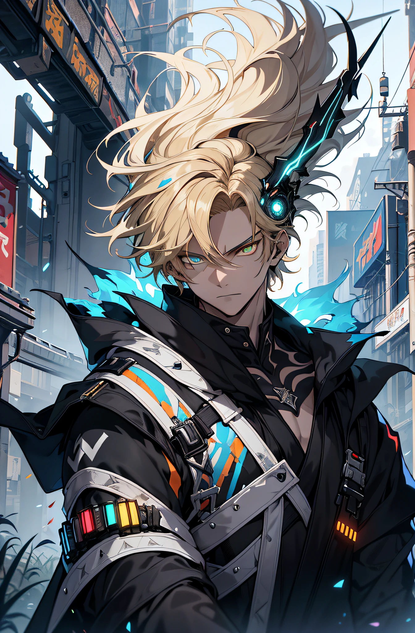 ung man, wearing white tshirt with blue jacket, black gloves, holding blue sword on his hand, blonde hair, short hair, face to detail, blue and red eye colors (heterochromia), detailed eyes, confident facial expression, smiling the background is cyberpunk city, full-body illustration