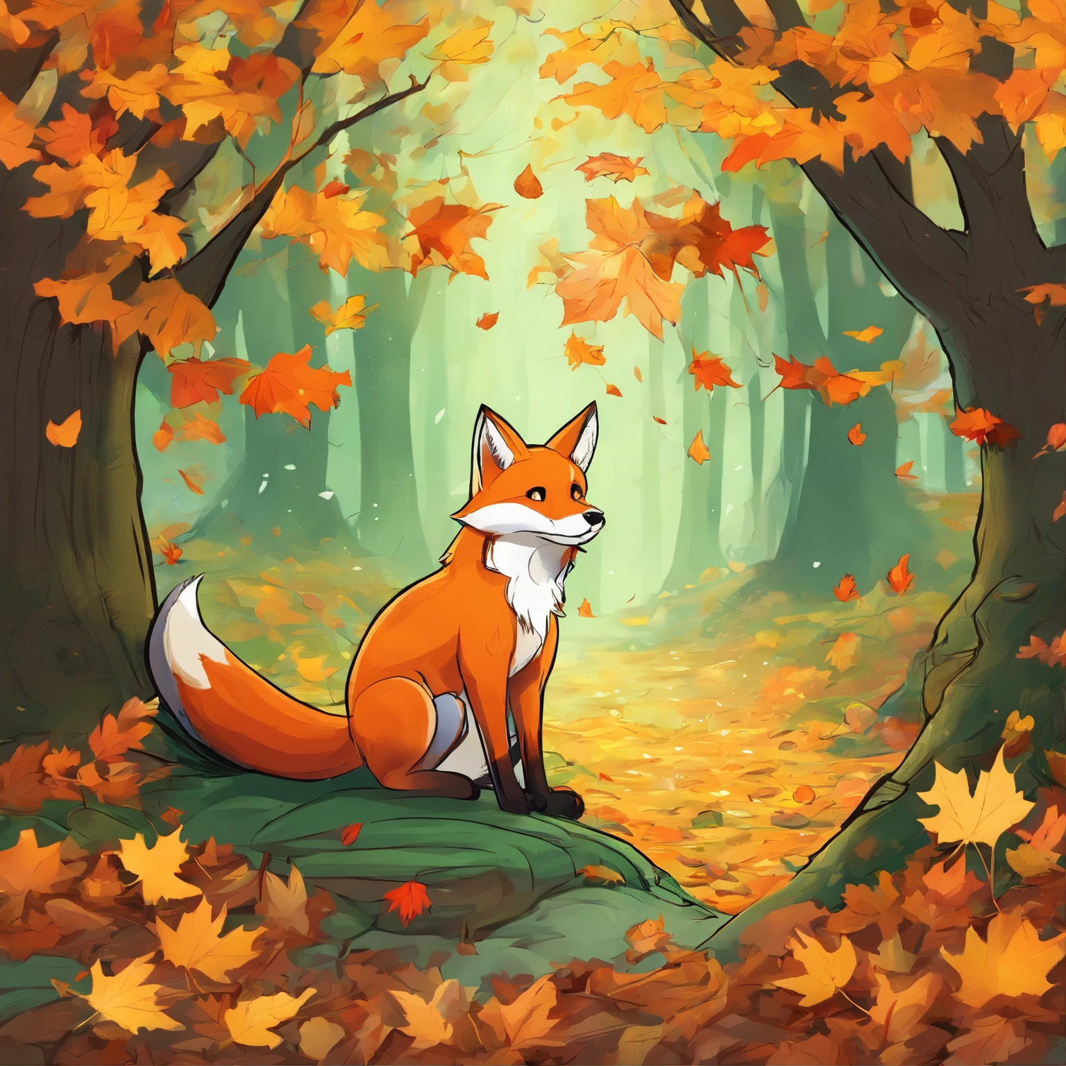 (Best Quality,4K,8K,hight resolution,masutepiece:1.2),Ultra-detailed, a lot of fallen leaves,Colorful autumn scene,Lonely Fox,cute fox,autumn forest,Fox in a cloak made of maple leaves,Hide fox,Tree roots,rainy day,serene ambiance,maple trees,Colored leaves,Beautiful colored fox,dark green and orange leaves,,Tasty-looking nuts,peaceful environment,Natural lighting,Soft raindrops,Leaves in the ground,Gentle fog,The sun flickers through the trees,Majestic tree trunk,Quiet loneliness,Magical atmosphere
