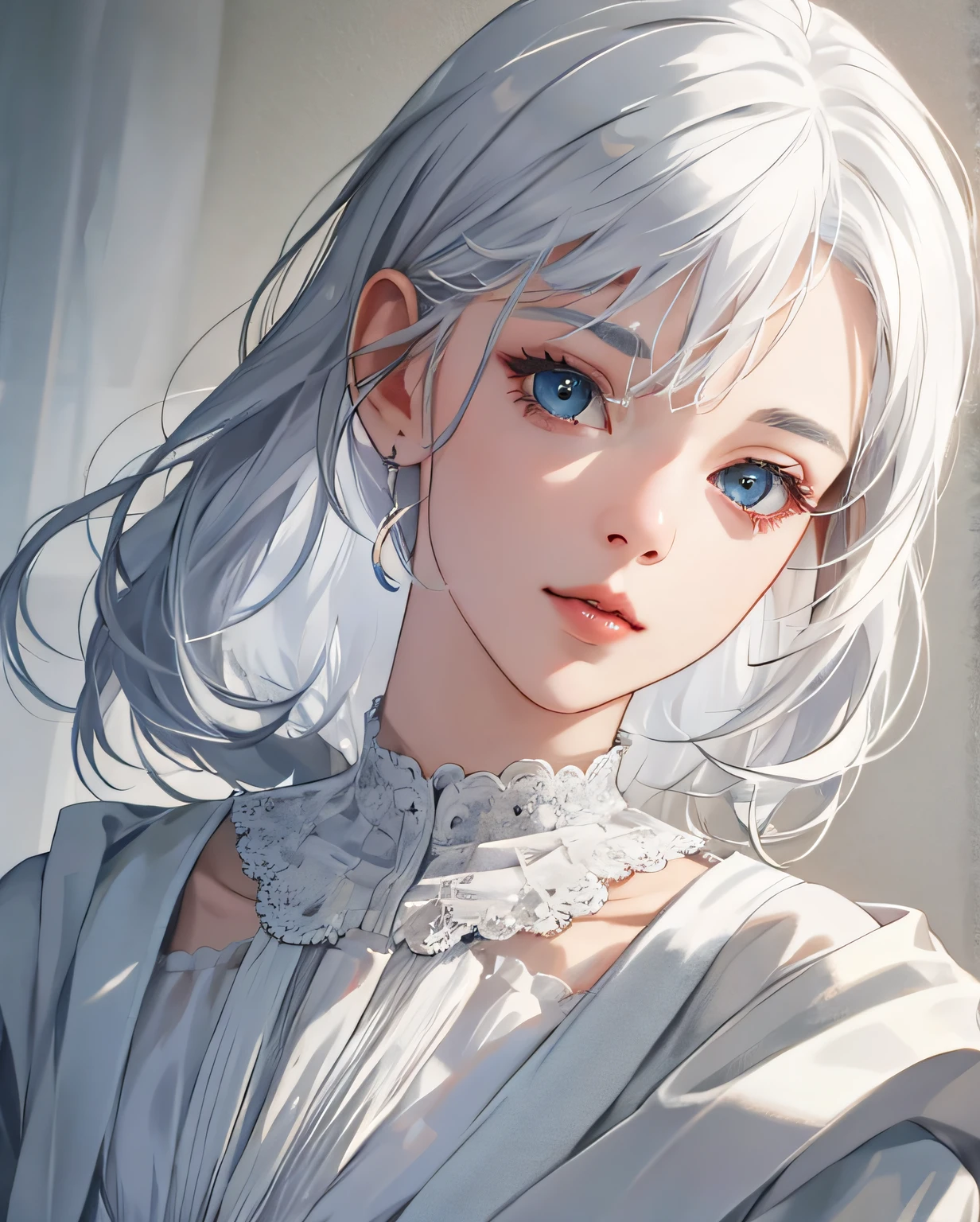 (Extremely Delicately Beautiful:1.2),8k,(tmasterpiece:1.0),(best_quality:1.0),1girll,Complicated details,enlarged textures,Complicated details,Fine eyes and detailed face,Complicated details,(Keep one's mouth shut),perfect eyes,Equal eyes,Perfect body,very detailed ,(Gamine),Extremely realistic 3D,White hair,