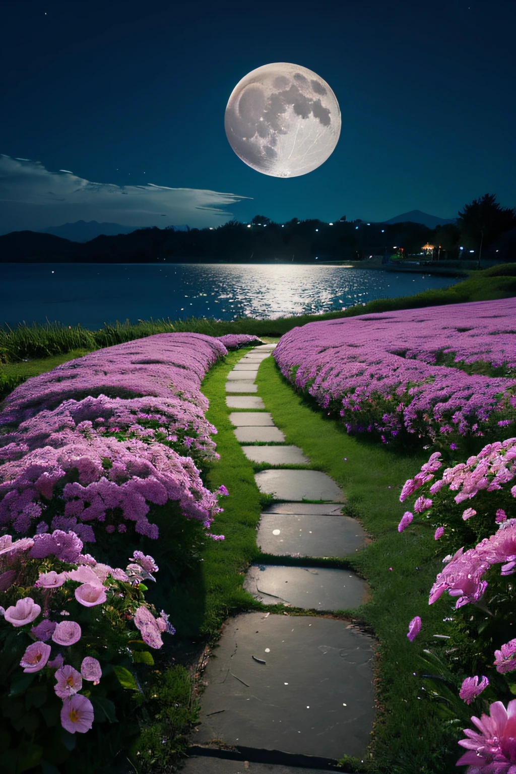 flower  sea，path，the night，themoon