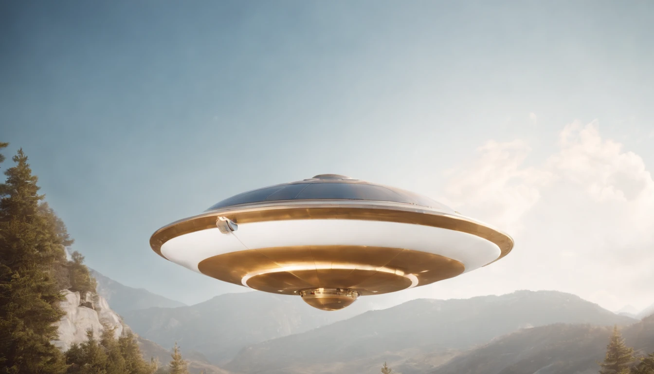 flying saucer，white colors，Gold coil，ultra-realistic realism，background blue，超高分辨率，Single UFO，Stereoscopic shadows，The is very detailed