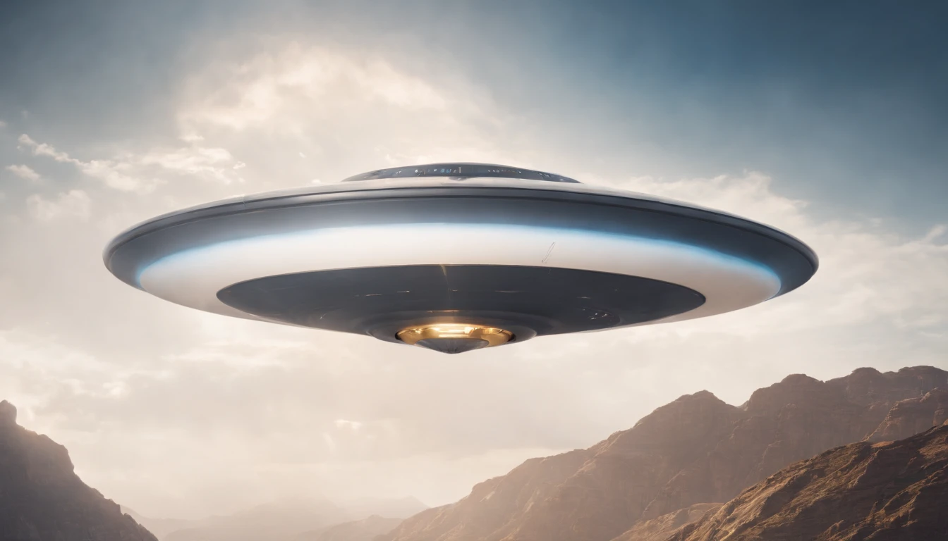 flying saucer，white colors，Gold coil，ultra-realistic realism，background blue，超高分辨率，Single UFO，Stereoscopic shadows，The is very detailed