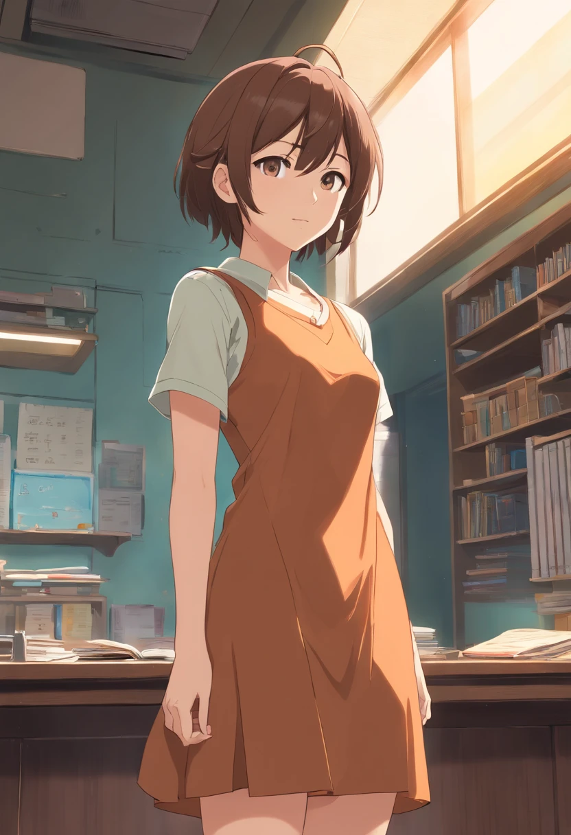 there is a woman in a brown dress standing in a room, female protagonist, rin, female protagonist 👀 :8, style game square enix, sayori, ayami kojima amano, inspired by Riusuke Fukahori, deayami kojima, makoto shinka, kasumi arimura style 3/4, female character, jin kagetsu