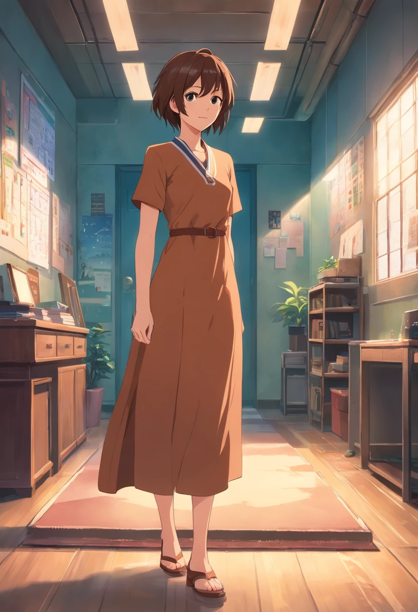 there is a woman in a brown dress standing in a room, female protagonist, rin, female protagonist 👀 :8, style game square enix, sayori, ayami kojima amano, inspired by Riusuke Fukahori, deayami kojima, makoto shinka, kasumi arimura style 3/4, female character, jin kagetsu