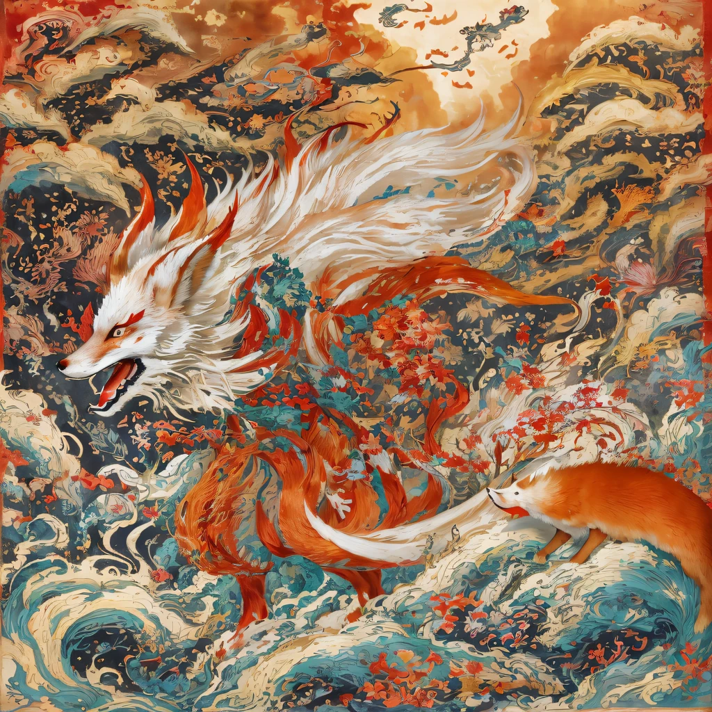 Nine-tailed fox 32K，Red and White Immortal Demon Realm, Chance encounter with Liu Hanshu, He saw in him his former self, It was decided to take him as an apprentice, Teach him how to protect himself, But because of the Tibetan star map, Phoenix and the Liu family、The Jade Sword Sect establishes relationships, It opens with the death of Liu Hanshu, Qin Yu embarked on the road of confrontation with a strong enemy, Working hard, Make yourself stronger, Stick to your own core path of justice, （nine tail fox）eyes filled with angry，The red and white nine-tailed fox clenched its fists，Rush up，Deliver a fatal blow to your opponent，full bodyesbian，Full body nine-tailed fox male mage 32K（Masterpiece Canyon Ultra HD）fenghuang（canyons）Climb the streets， The scene of the explosion（nine tail fox）， （Dragons）， The nine-tailed fox's angry fighting stance， looking at the ground， Batik linen bandana， Chinese red and white pattern long-sleeved garment， Canyon red and white nine-tailed fox（Abstract propylene splash：1.2）Red White（realisticlying：1.4），Black color hair，Flour fluttering，rainbow background， A high resolution， the detail， RAW photogr， Sharp Re， Nikon D850 Film Stock Photo by Jefferies Lee 4 Kodak Portra 400 Camera F1.6 shots, Rich colors, ultra-realistic vivid textures, Dramatic lighting, Unreal Engine Art Station Trend, cinestir 800，Red and white fluttering mist,（（（Jungle Canyon）））The wounded lined up in the streets（vale）Climb the streets，Movie master real-time image quality（tmasterpiece，k hd，hyper HD，32K） （Linen batik scarf）， Combat posture， looking at the ground， Linen bandana， Chinese nine-tailed fox pattern long-sleeved garment， Morning nine-tailed fox（Abstract gouache splash：1.2）， Dark clouds lightning background，sprinkling