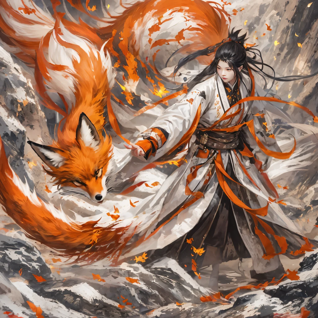 Nine-tailed fox 32K，Red and White Immortal Demon Realm, Chance encounter with Liu Hanshu, He saw in him his former self, It was decided to take him as an apprentice, Teach him how to protect himself, But because of the Tibetan star map, Phoenix and the Liu family、The Jade Sword Sect establishes relationships, It opens with the death of Liu Hanshu, Qin Yu embarked on the road of confrontation with a strong enemy, Working hard, Make yourself stronger, Stick to your own core path of justice, （nine tail fox）eyes filled with angry，The red and white nine-tailed fox clenched its fists，Rush up，Deliver a fatal blow to your opponent，full bodyesbian，Full body nine-tailed fox male mage 32K（Masterpiece Canyon Ultra HD）fenghuang（canyons）Climb the streets， The scene of the explosion（nine tail fox）， （Dragons）， The nine-tailed fox's angry fighting stance， looking at the ground， Batik linen bandana， Chinese red and white pattern long-sleeved garment， Canyon red and white nine-tailed fox（Abstract propylene splash：1.2）Red White（realisticlying：1.4），Black color hair，Flour fluttering，rainbow background， A high resolution， the detail， RAW photogr， Sharp Re， Nikon D850 Film Stock Photo by Jefferies Lee 4 Kodak Portra 400 Camera F1.6 shots, Rich colors, ultra-realistic vivid textures, Dramatic lighting, Unreal Engine Art Station Trend, cinestir 800，Red and white fluttering mist,（（（Jungle Canyon）））The wounded lined up in the streets（vale）Climb the streets，Movie master real-time image quality（tmasterpiece，k hd，hyper HD，32K） （Linen batik scarf）， Combat posture， looking at the ground， Linen bandana， Chinese nine-tailed fox pattern long-sleeved garment， Morning nine-tailed fox（Abstract gouache splash：1.2）， Dark clouds lightning background，sprinkling