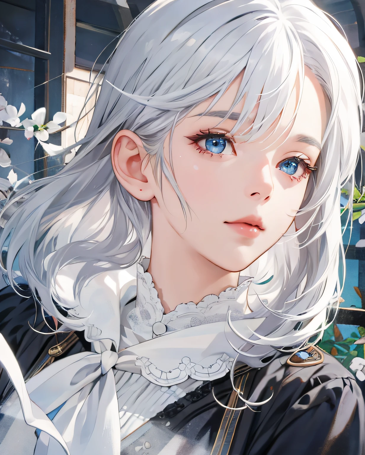 （Extremely Delicately Beautiful：1.2），8k，（tmasterpiece：1.0），（best_quality：1.0），1girll，Complicated details，enlarged textures，Complicated details，Fine eyes and detailed face，Complicated details，（Keep one's mouth shut），perfect  eyes，Equal eyes，Perfect body，very detailed ，（Gamine），Extremely realistic 3D，White hair，