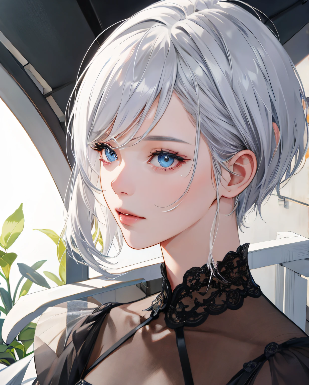 (Extremely Delicately Beautiful:1.2),8k,(tmasterpiece:1.0),(best_quality:1.0),1girll,Complicated details,enlarged textures,Complicated details,Fine eyes and detailed face,Complicated details,(Keep one's mouth shut),perfect eyes,Equal eyes,Perfect body,very detailed ,(Gamine),Extremely realistic 3D,White hair,