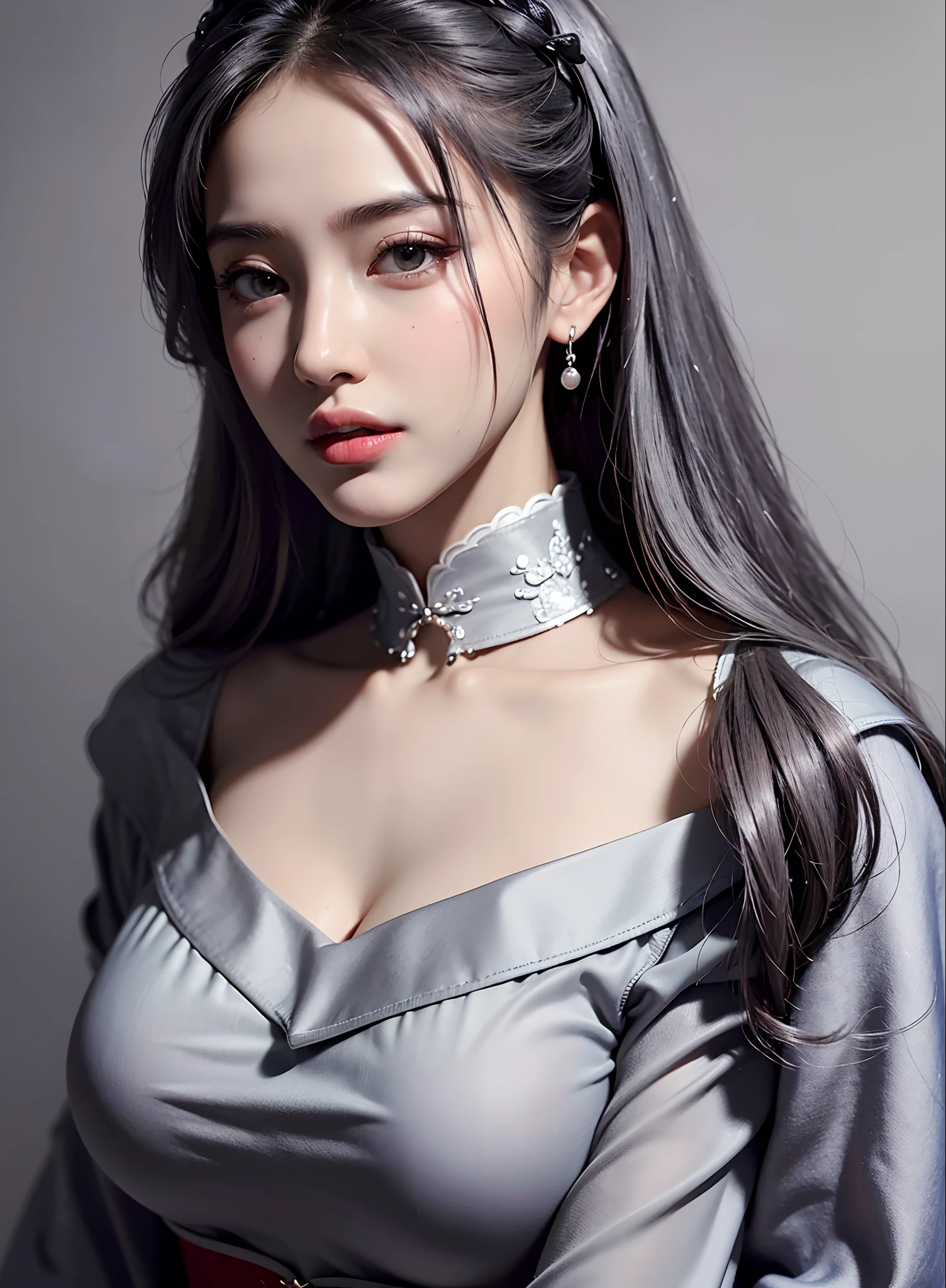 best quality, masterpiece, ultra high res, (photorealistic:1.4), 1girl, off-shoulder shirt, ((traditional chinese dress:1)), black choker, (faded ash gray hair:1), (huge breasts:1.2), looking at viewer, closeup,