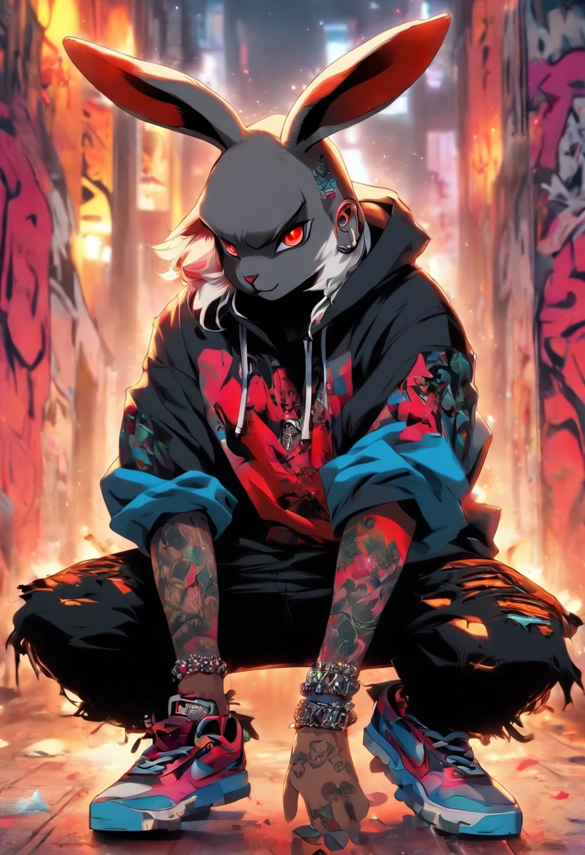 A cool and trendy rabbit, platinum hair, red eyes, wearing trendy hip hop clothing, wearing a hoodie, graphic t-shirt and torn jeans, tons of tattoos and piercings, graffiti style background, highly detailed background, perfect masterpiece, high quality, high resolution