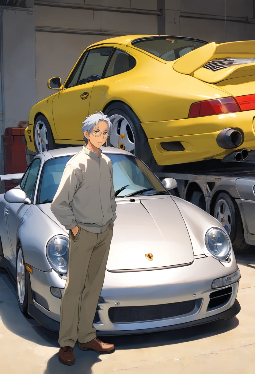 Man standing beside a Porsche 996 GT3、The body is silver、The wheels have yellow calipers、The number is 993