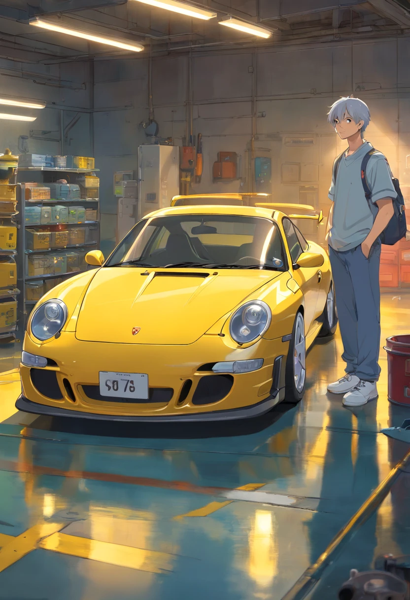 Man standing beside a Porsche 996 GT3、The body is silver、The wheels have yellow calipers、The number is 993