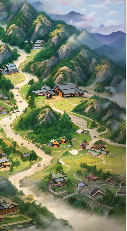 There is a map of the mountain landscape with rivers and mountains, an ultrafine detailed painting, In the middle of the picture is a plain，There are some small houses above the plain，Surrounded by mountains，There are some fireworks and clouds in the sky。Traditional Chinese color scheme，yellow and greens