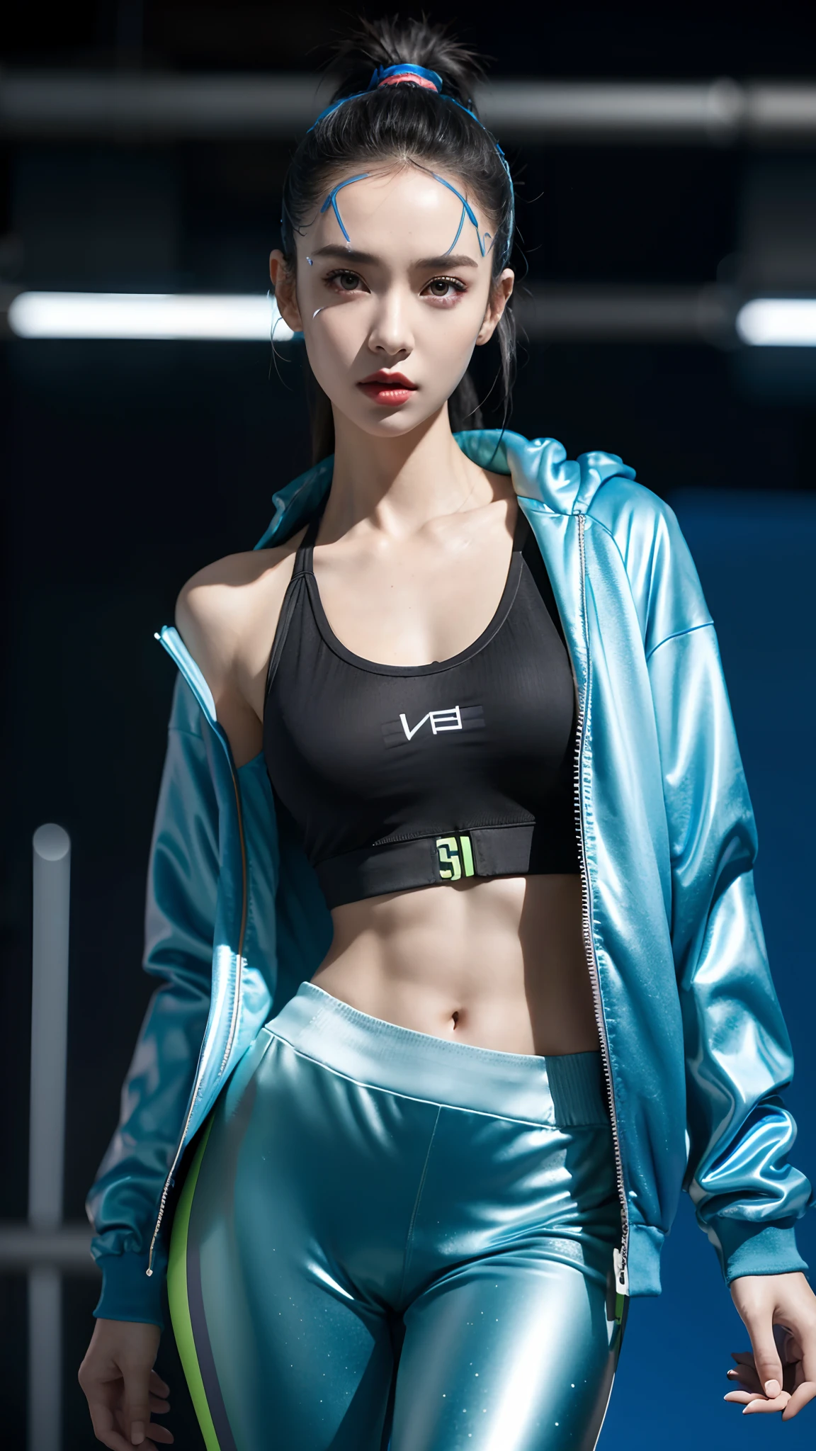 sports bra blue, sports jacket, sport pants , ( cyberpunk environment:1.2),makeup,, (1 girl:1.4),best quality, masterpiece, (realistic:1.2), young woman, a lady, detailed face, detailed eyes, detailed hair, detailed skin,look at viewer, dramatic, vibrant, sharp focus,50mm,F1.2, EOS R8,(3/4 body:1.2),standing,(complex background:1.6),(Best quality details:1.2),8K High definition,