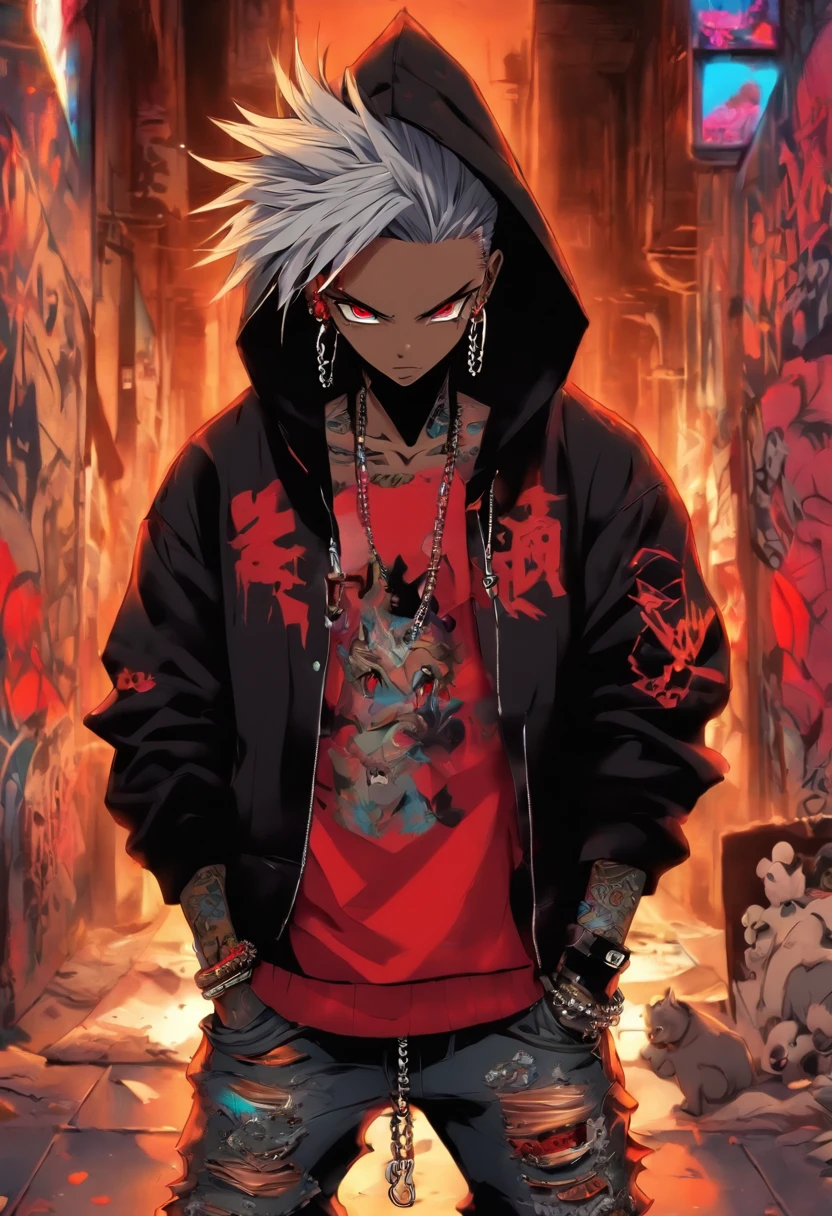 male character full body narutal pose red eyes dark skin black hair with quiff sweatshirt with stick red lines on arms gray pants backgoud gamer room