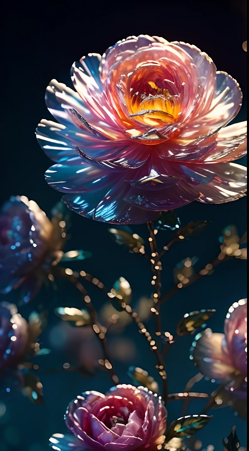 A large crystal peony, flower, fantasy, milky ways, Transparent, Shimmering, Sparkling, Gorgeous, Colorful, magical photography, dramatic lighting, Photo realism, ultradetailed, 4K, depth of fields, A high resolution