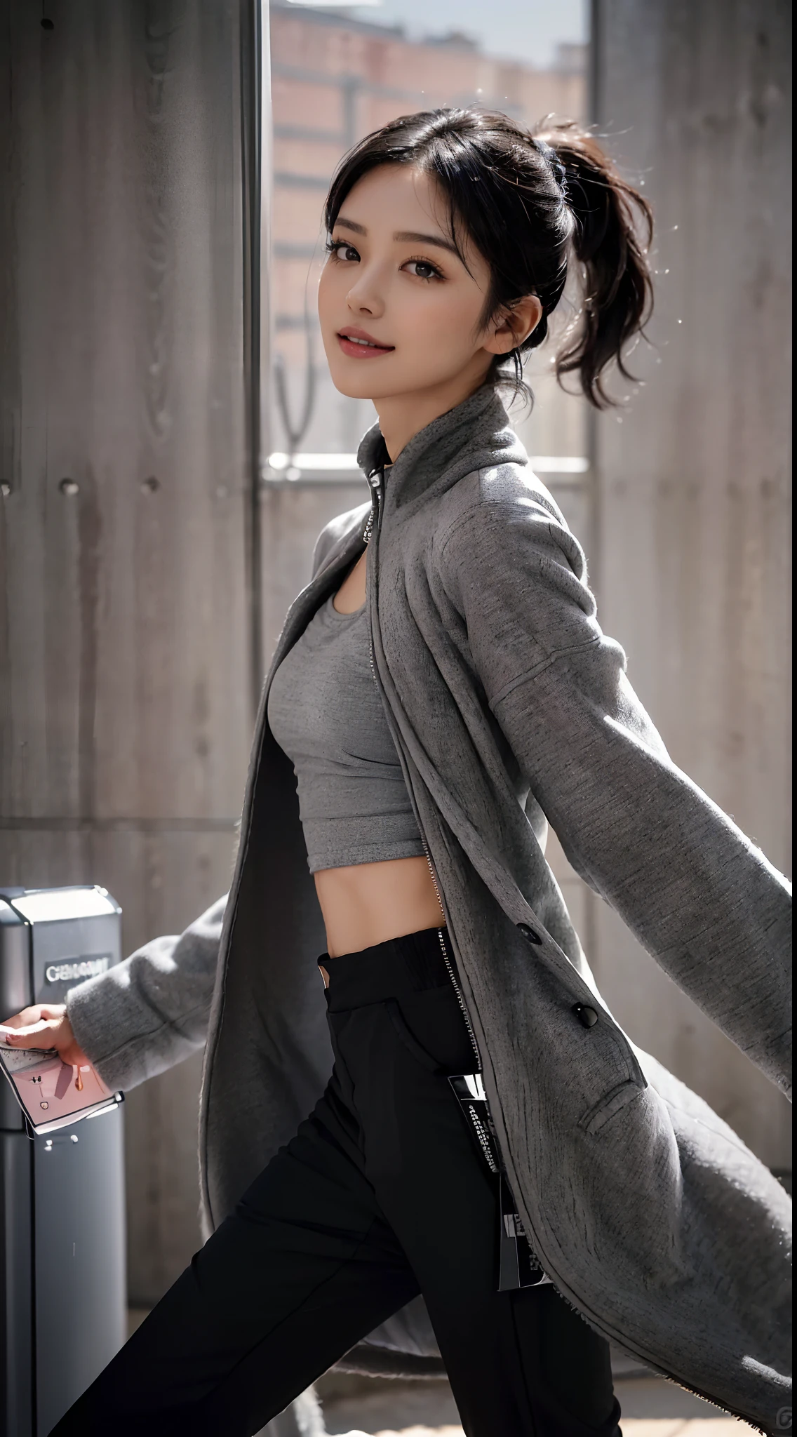 (Small underboob,small heads)), (perfect bodies: 1.1), (shoulder length straight short hair:1.1),(black hair:1.5),(short ponytail:1.3),(极其细致的CG 8k壁纸),(Extremely refined and beautiful),(masterpiece),(best qualtiy:1.0),(超高分辨率:1.9）,[A high resolution],a girl,cheerfulness,smile,(Smooth and flawless fair skin:1.5),(shiny skin:1.5),(Exquisite Makeup:1.3),ultra - detailed ，Elongated legs,(Small breasts:1.1),Flat chest,Slim,emaciated,(Grey woolen coat:1.5),(light gray high necked T-shirt with zipper:1.3),(black pants:1.4),autumn,in residential areas,high-rise residential buildings,in garden,on path,(running:1.5),(Hair flying:1.3),(open mouth:1.2) ,(female orgasmic:1.3), (blush:1.3),(sweat:1.6),upper body,(close shot:1.3),(cowboy shot:1.3),(Passport photo:1.5),morning,(day scene:1.5),bright sunshine,