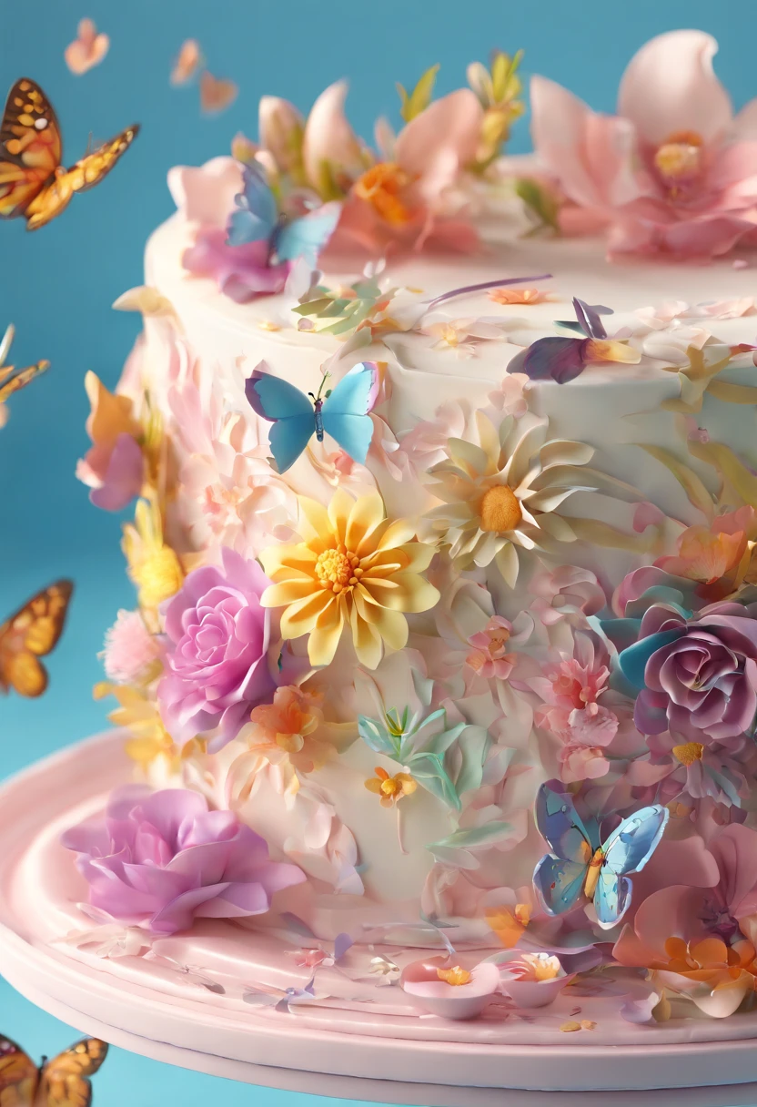 （Close-up of cake in cup），There were flowers and butterflies in the cake，Illustration element，3d