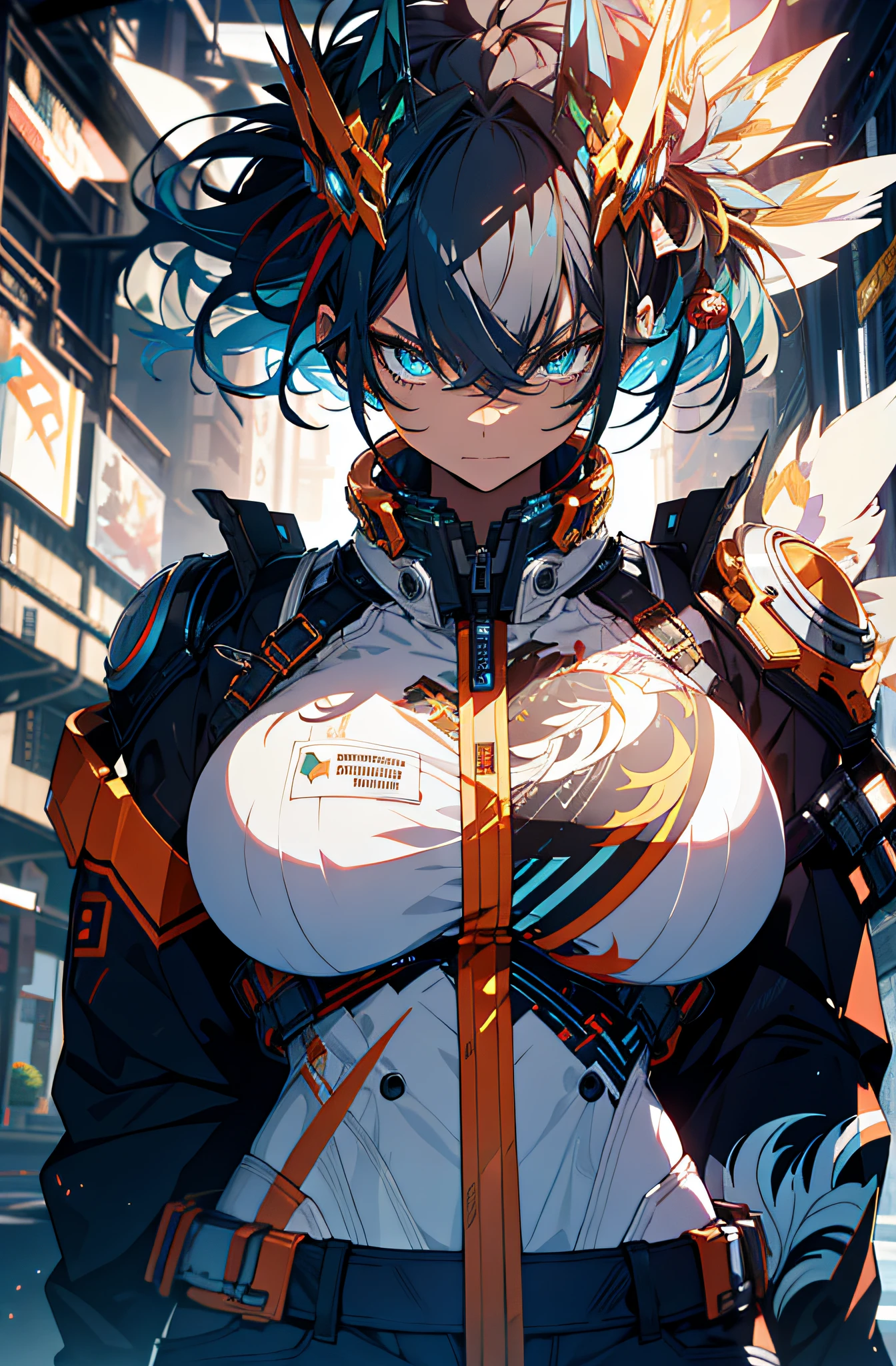 background, language_text, Japanese letters in graffit, girls, long black hair, excellent lighting, sidelighting, (), vhsKeeper,, style GUILTY GEAR -STRIVE perfect ultimate (flat color: 1.3), (magazine_cover: 1.4), (multicolored_background: 1.3), striped_background, card_background, :: comix style by joe madureira :: circular pieces of white metals glued to the ultra detailed arms coming out sparkling shine, , perfect and detailed, ultra detailed shirt with abstract design and  with print of Japanese letters in graffit of the sides of the clothes, image of girls with big breast, on top of a futuristic motorcycle, with immersive effects, hover effect, background graffiti style tribal tattoo with vibrant colors "HDR ultra" detailed and with focus effect, (masterpiece: 1.2, best quality), (beautiful eyes with huge eyelashes finely detailed: 1.2),  , ((Solo)), (Finely detailed eyes and detailed face :1.3), in various full-body attack poses, (cute background: 1.2),futuristic costume, super detailed circular metals Clinging to arms and pants, fantastic paintings
