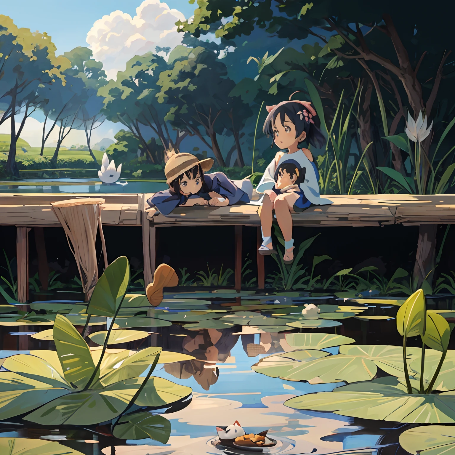 Warm summer,There is a pond at the bottom of the picture,Above is a clear sky, In the middle are rice fields and grass,There are children sitting on the dirt slope in the middle, calm afternoon, studio ghibli artstyle,anime illustrated,tmasterpiece。