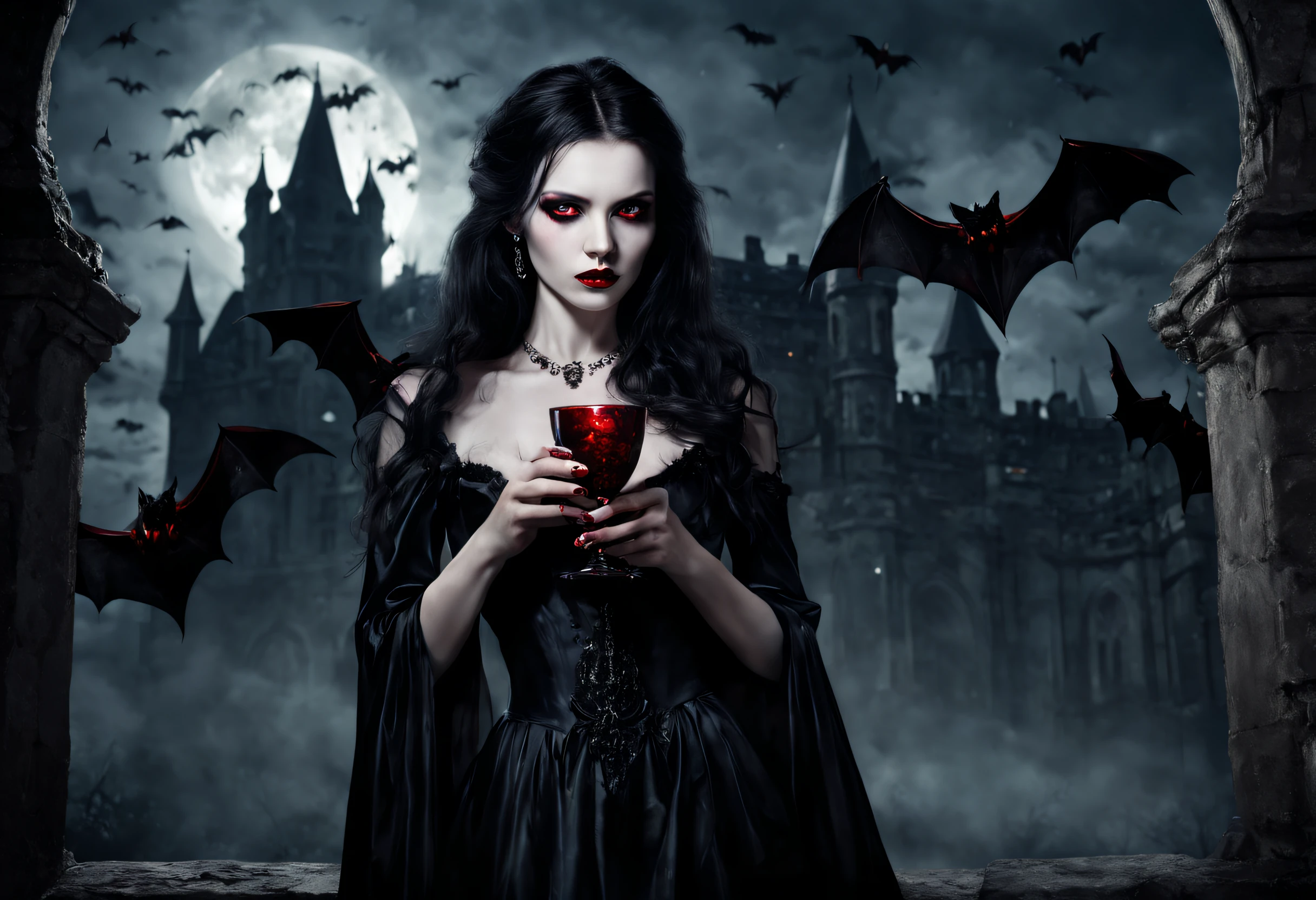 (a mysterious female vampire),(dark, gothic),(pale skin, red eyes, sharp fangs),(flowing black hair),(elegant, poised),(in a grand, ancient castle),(surrounded by bats),(moonlight casting eerie shadows),(wearing a flowing black gown),(holding a crystal chalice),(blood dripping from her lips),(sinister aura),(vivid colors, high contrast),(fine detail in her facial features),(dramatic lighting),(photorealistic rendering),(horror, fantasy, portrait)