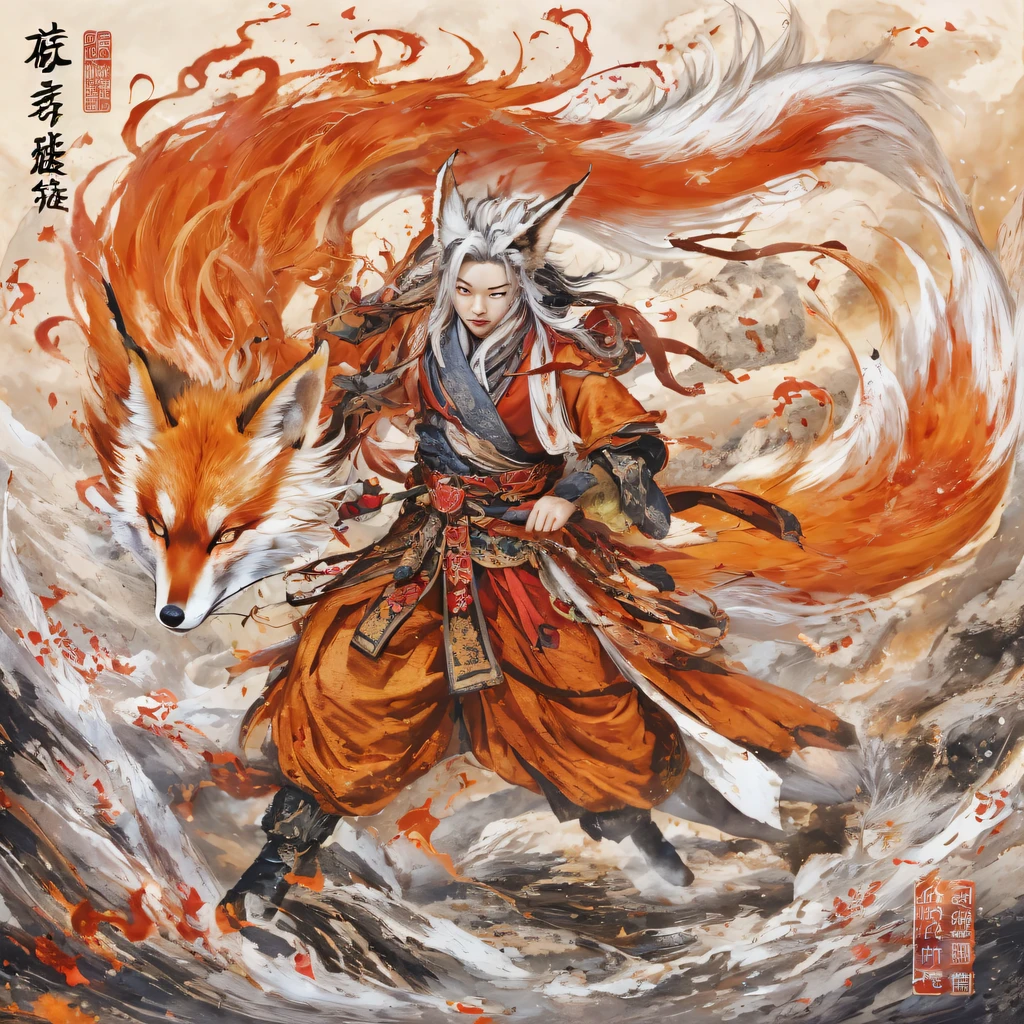 Nine-tailed fox 32K,Red and White Immortal Demon Realm, Chance encounter with Liu Hanshu, He saw in him his former self, It was decided to take him as an apprentice, Teach him how to protect himself, But because of the Tibetan star map, Phoenix and the Liu family、The Jade Sword Sect establishes relationships, It opens with the death of Liu Hanshu, Qin Yu embarked on the road of confrontation with a strong enemy, Working hard, Make yourself stronger, Stick to your own core path of justice, (nine tail fox)eyes filled with angry,The red and white nine-tailed fox clenched its fists,Rush up,Deliver a fatal blow to your opponent,full bodyesbian,Full body nine-tailed fox male mage 32K(Masterpiece Canyon Ultra HD)fenghuang(canyons)Climb the streets, The scene of the explosion(nine tail fox), (Dragons), The nine-tailed fox's angry fighting stance, looking at the ground, Batik linen bandana, Chinese red and white pattern long-sleeved garment, Canyon red and white nine-tailed fox(Abstract propylene splash:1.2)Red White(realisticlying:1.4),Black color hair,Flour fluttering,rainbow background, A high resolution, the detail, RAW photogr, Sharp Re, Nikon D850 Film Stock Photo by Jefferies Lee 4 Kodak Portra 400 Camera F1.6 shots, Rich colors, ultra-realistic vivid textures, Dramatic lighting, Unreal Engine Art Station Trend, cinestir 800,Red and white fluttering mist,(((Jungle Canyon)))The wounded lined up in the streets(vale)Climb the streets,Movie master real-time image quality(tmasterpiece,k hd,hyper HD,32K) (Linen batik scarf), Combat posture, looking at the ground, Linen bandana, Chinese nine-tailed fox pattern long-sleeved garment, Morning nine-tailed fox(Abstract gouache splash:1.2), Dark clouds lightning background,sprinkling