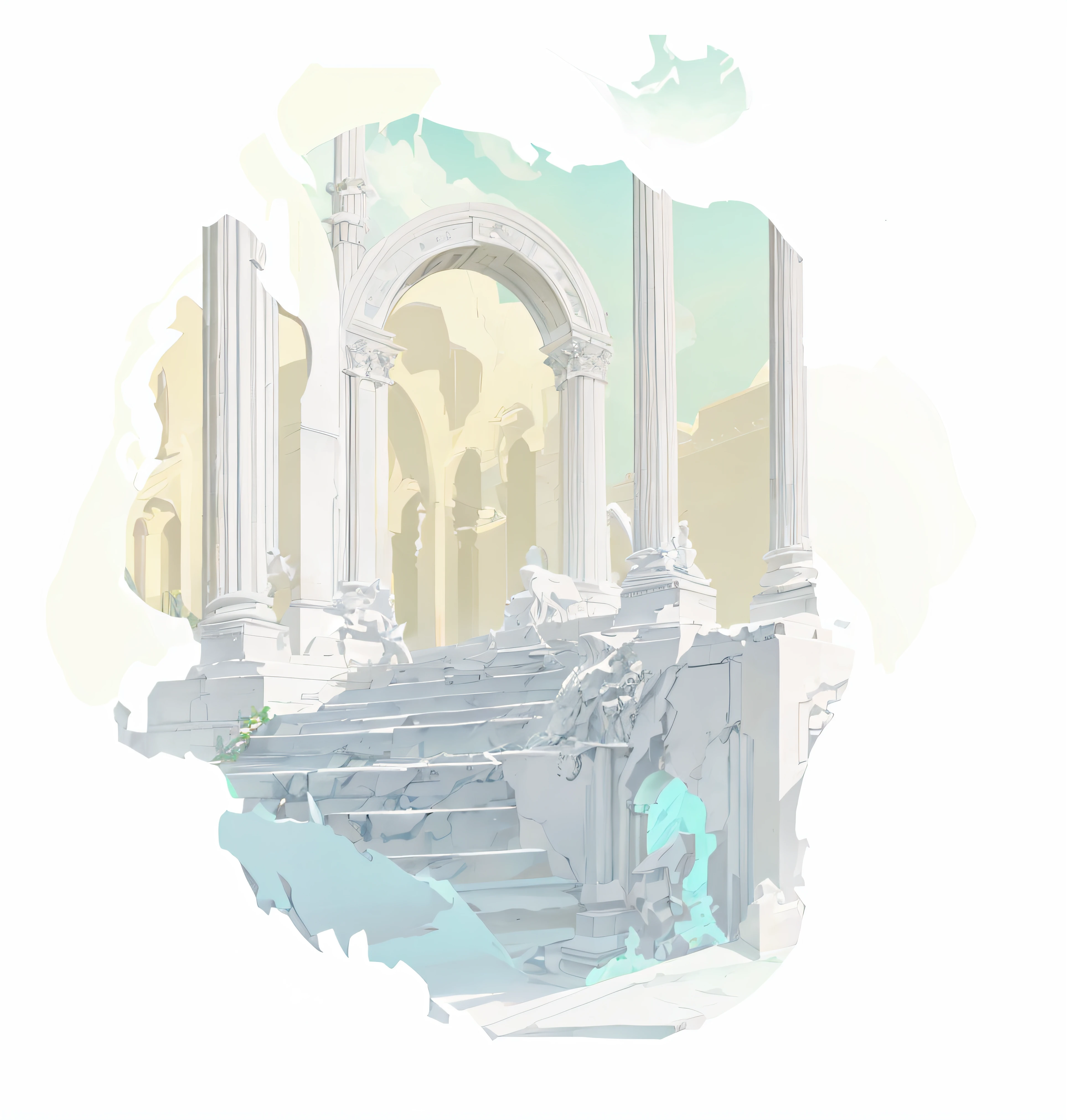 White remains of European marble architecture，Sacred scenes，illustration，Scenes，a gorgeous,4K,Amazing，religion，Roman columns，Sky and clouds，Roman arch，Court hearings，Sanctuary，Clear，tmasterpiece，Behind is the sky，eventide，anime big breast，Two-dimensional，illustratio，Celluloid