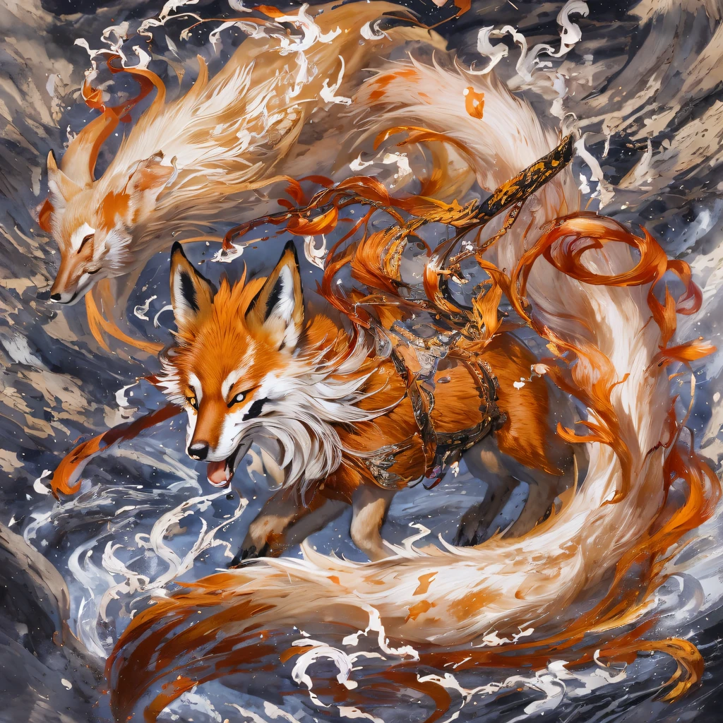 Nine-tailed fox 32K,Red and White Immortal Demon Realm, Chance encounter with Liu Hanshu, He saw in him his former self, It was decided to take him as an apprentice, Teach him how to protect himself, But because of the Tibetan star map, Phoenix and the Liu family、The Jade Sword Sect establishes relationships, It opens with the death of Liu Hanshu, Qin Yu embarked on the road of confrontation with a strong enemy, Working hard, Make yourself stronger, Stick to your own core path of justice, (nine tail fox)eyes filled with angry,The red and white nine-tailed fox clenched its fists,Rush up,Deliver a fatal blow to your opponent,full bodyesbian,Full body nine-tailed fox male mage 32K(Masterpiece Canyon Ultra HD)fenghuang(canyons)Climb the streets, The scene of the explosion(nine tail fox), (Dragons), The nine-tailed fox's angry fighting stance, looking at the ground, Batik linen bandana, Chinese red and white pattern long-sleeved garment, Canyon red and white nine-tailed fox(Abstract propylene splash:1.2)Red White(realisticlying:1.4),Black color hair,Flour fluttering,rainbow background, A high resolution, the detail, RAW photogr, Sharp Re, Nikon D850 Film Stock Photo by Jefferies Lee 4 Kodak Portra 400 Camera F1.6 shots, Rich colors, ultra-realistic vivid textures, Dramatic lighting, Unreal Engine Art Station Trend, cinestir 800,Red and white fluttering mist,(((Jungle Canyon)))The wounded lined up in the streets(vale)Climb the streets,Movie master real-time image quality(tmasterpiece,k hd,hyper HD,32K) (Linen batik scarf), Combat posture, looking at the ground, Linen bandana, Chinese nine-tailed fox pattern long-sleeved garment, Morning nine-tailed fox(Abstract gouache splash:1.2), Dark clouds lightning background,sprinkling