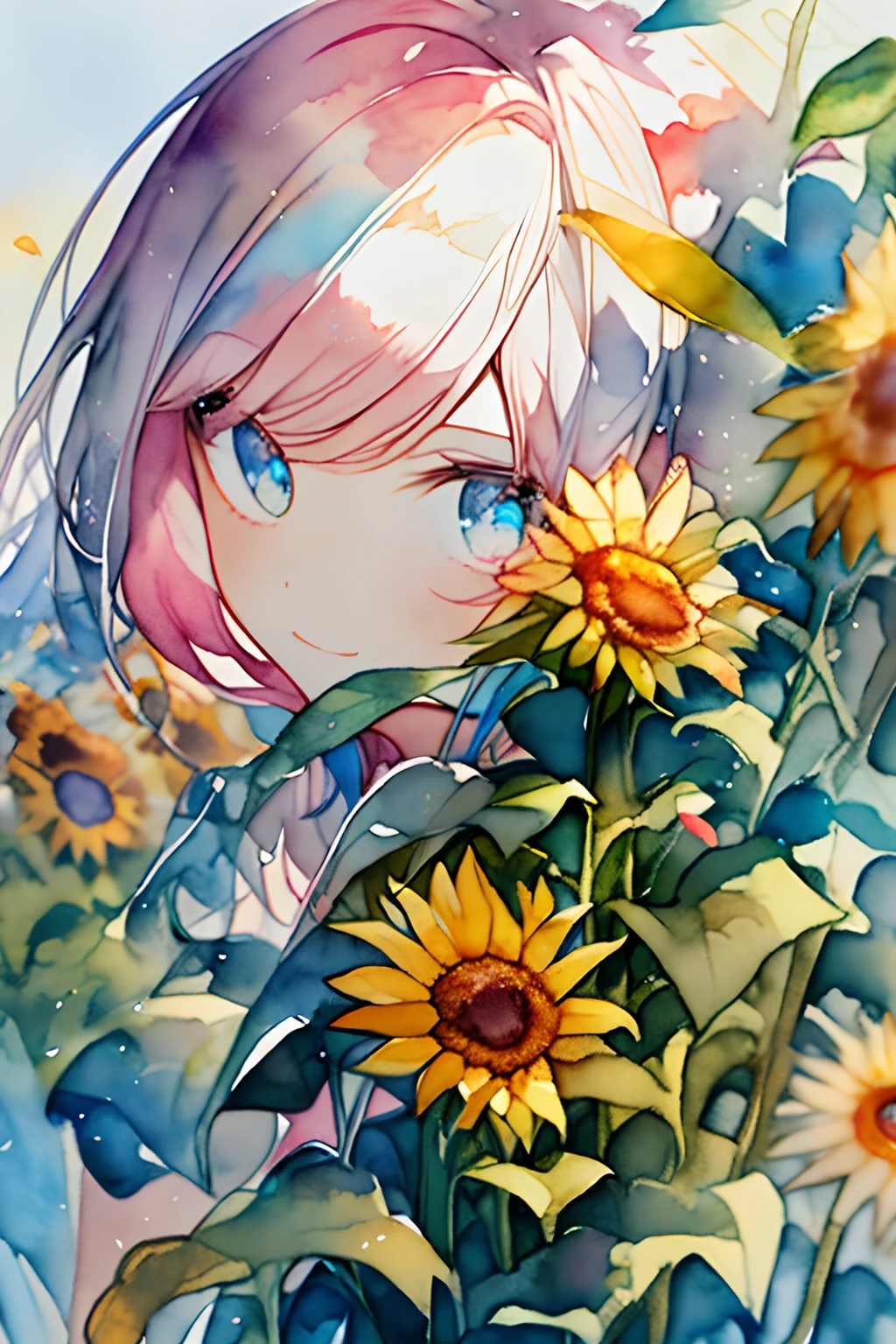 (watercolor paiting:1.2),1girll, Solo, flower, Sunflower,hitornfreckles, Portrait, fronds, Bangs, pink flowers, (Light Gold Long) hair, ((Delicate blue lens eyes)), hair between eye,