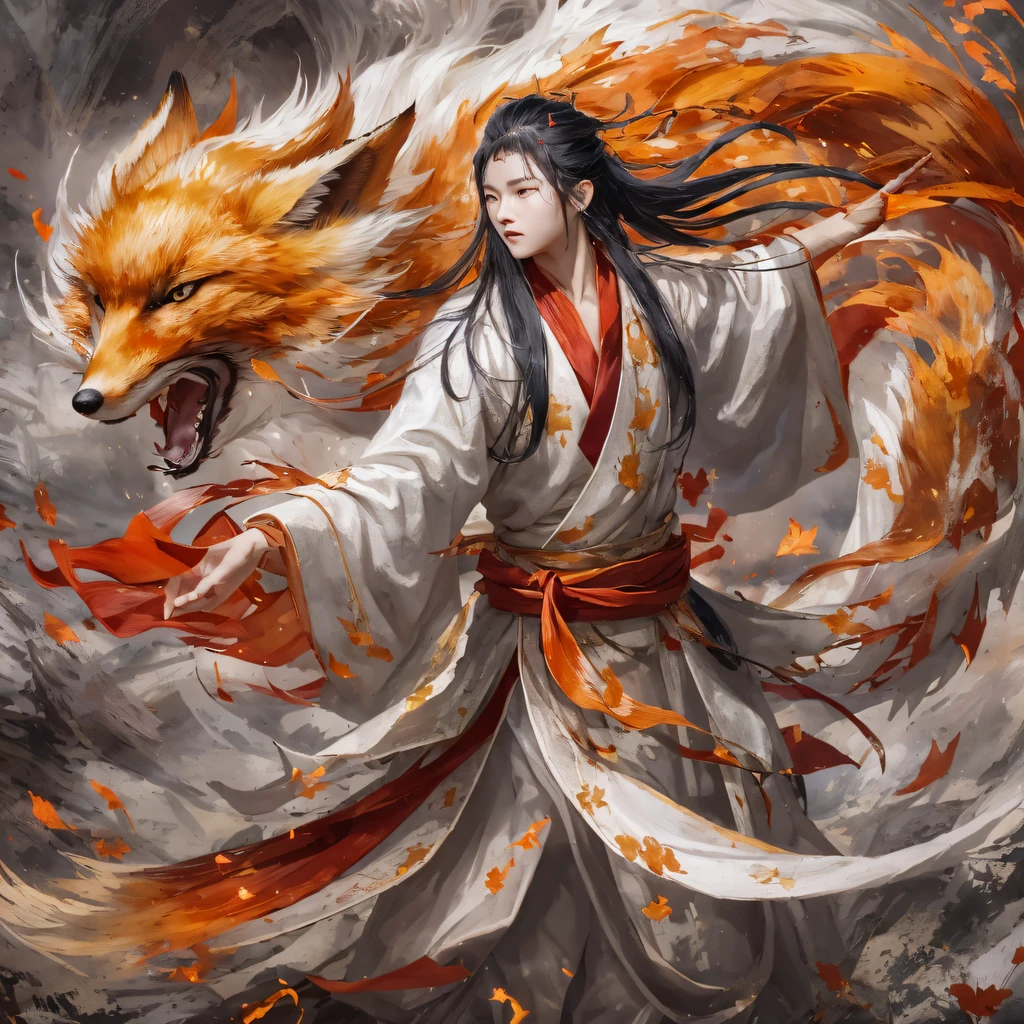 Nine-tailed fox 32K,Red and White Immortal Demon Realm, Chance encounter with Liu Hanshu, He saw in him his former self, It was decided to take him as an apprentice, Teach him how to protect himself, But because of the Tibetan star map, Phoenix and the Liu family、The Jade Sword Sect establishes relationships, It opens with the death of Liu Hanshu, Qin Yu embarked on the road of confrontation with a strong enemy, Working hard, Make yourself stronger, Stick to your own core path of justice, (nine tail fox)eyes filled with angry,The red and white nine-tailed fox clenched its fists,Rush up,Deliver a fatal blow to your opponent,full bodyesbian,Full body nine-tailed fox male mage 32K(Masterpiece Canyon Ultra HD)fenghuang(canyons)Climb the streets, The scene of the explosion(nine tail fox), (Dragons), The nine-tailed fox's angry fighting stance, looking at the ground, Batik linen bandana, Chinese red and white pattern long-sleeved garment, Canyon red and white nine-tailed fox(Abstract propylene splash:1.2)Red White(realisticlying:1.4),Black color hair,Flour fluttering,rainbow background, A high resolution, the detail, RAW photogr, Sharp Re, Nikon D850 Film Stock Photo by Jefferies Lee 4 Kodak Portra 400 Camera F1.6 shots, Rich colors, ultra-realistic vivid textures, Dramatic lighting, Unreal Engine Art Station Trend, cinestir 800,Red and white fluttering mist,(((Jungle Canyon)))The wounded lined up in the streets(vale)Climb the streets,Movie master real-time image quality(tmasterpiece,k hd,hyper HD,32K) (Linen batik scarf), Combat posture, looking at the ground, Linen bandana, Chinese nine-tailed fox pattern long-sleeved garment, Morning nine-tailed fox(Abstract gouache splash:1.2), Dark clouds lightning background,sprinkling