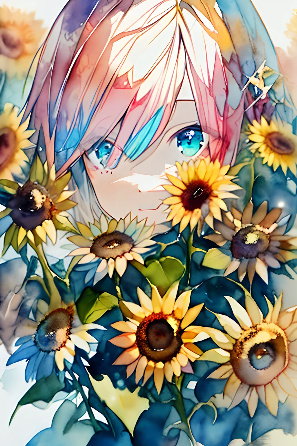 (watercolor paiting:1.2),1girll, Solo, flower, Sunflower,hitornfreckles, Portrait, fronds, Bangs, pink flowers, (Light Gold Long) hair, ((Delicate blue lens eyes)), hair between eye,