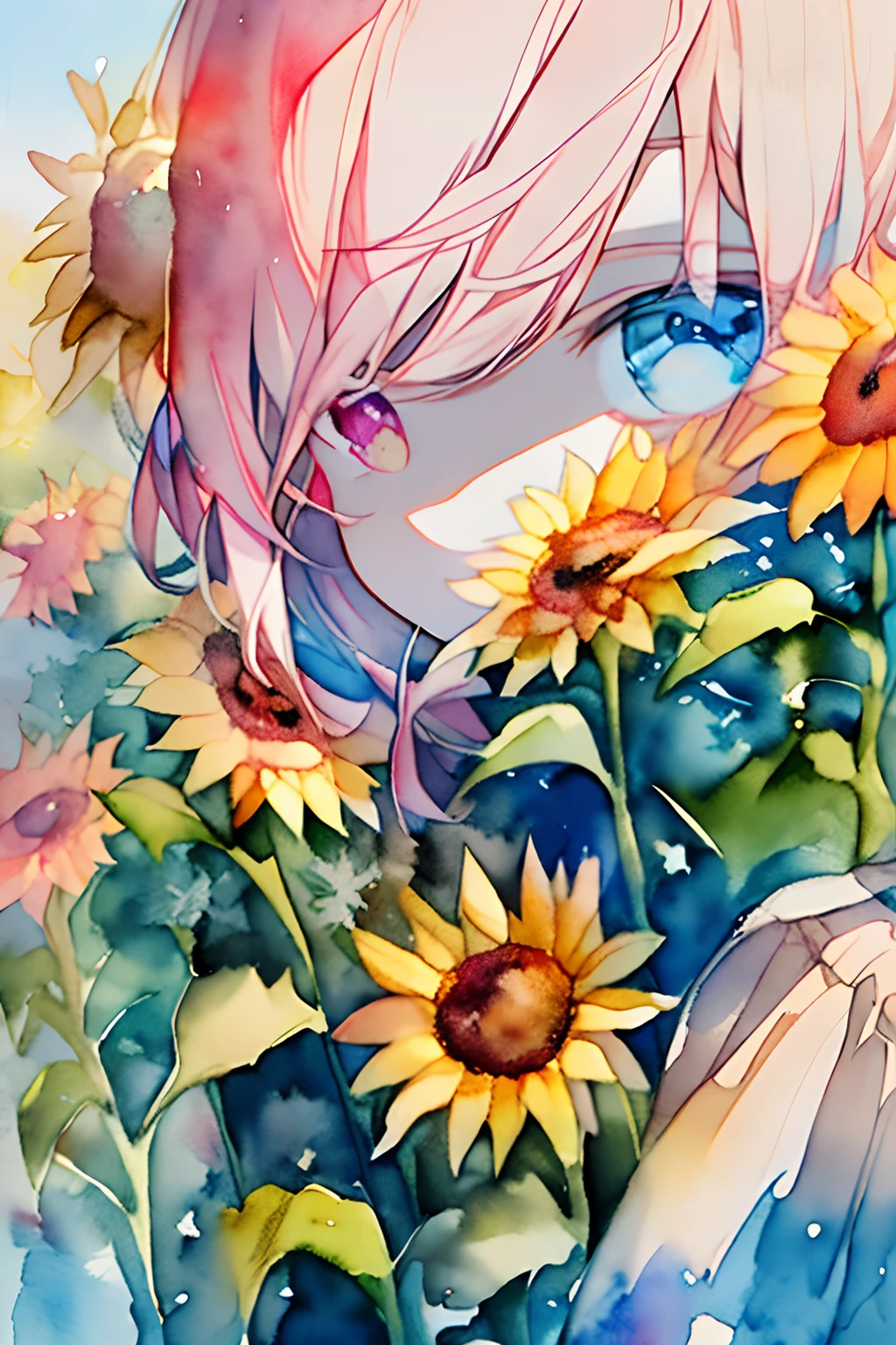 (watercolor paiting:1.2),1girll, Solo, flower, Sunflower,hitornfreckles, Portrait, fronds, Bangs, pink flowers, (Light Gold Long) hair, ((Delicate blue lens eyes)), hair between eye,