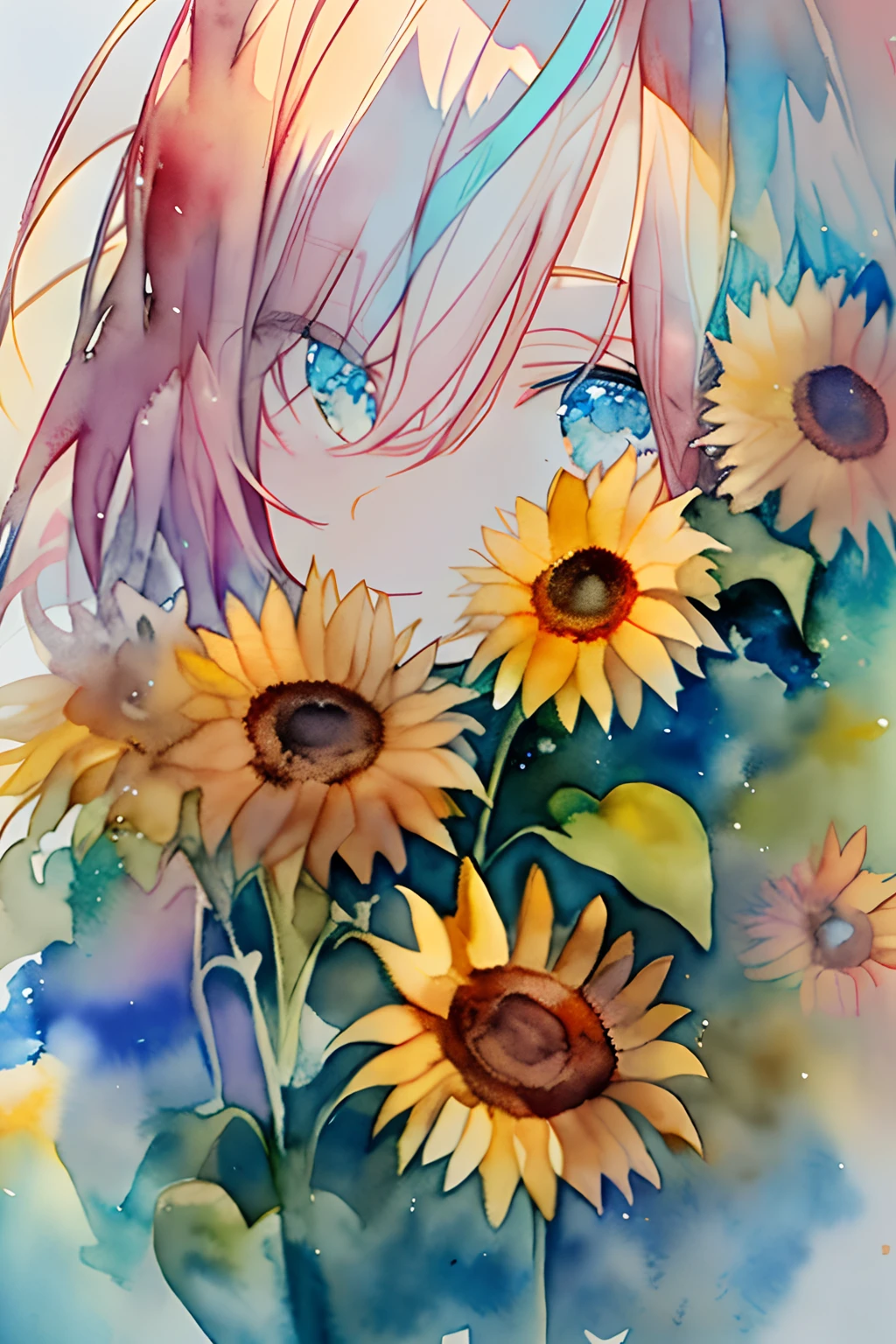 (watercolor paiting:1.2),1girll, Solo, flower, Sunflower,hitornfreckles, Portrait, fronds, Bangs, pink flowers, (Light Gold Long) hair, ((Delicate blue lens eyes)), hair between eye,